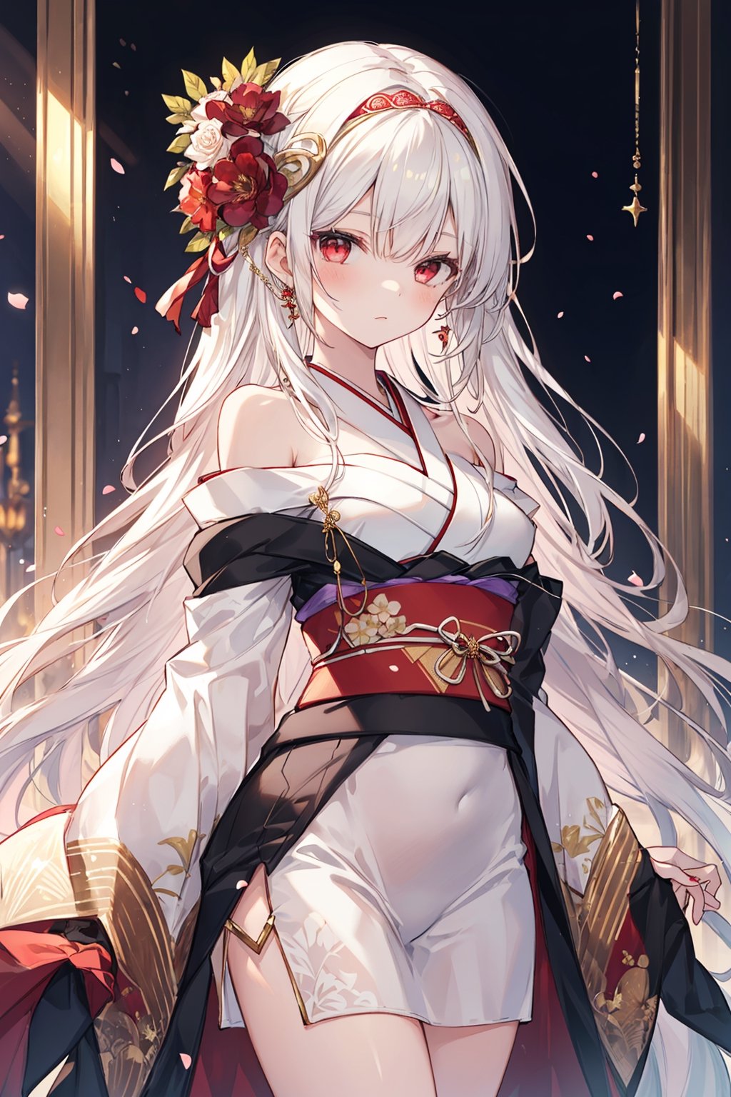 red Flower, Around the flowers center, cowboy shot, (1girl, straight hair, very long hair, red eyes, (Ivory white hair accessories, Gilded Jewelry), (Off shoulder, kimono, Beautiful and delicate patterns)