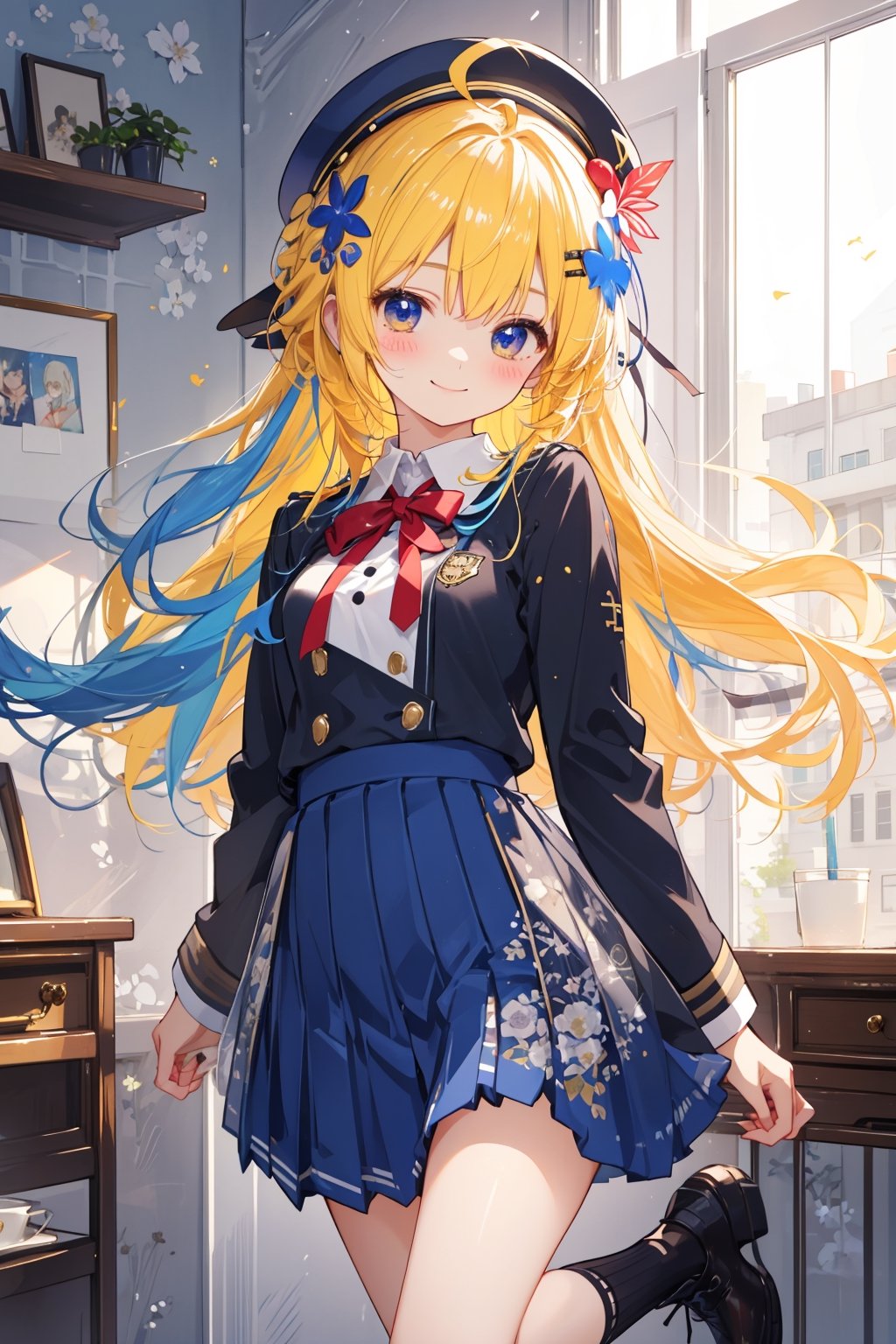 masterpiece, best quality, ultra detailed, extremely detailed, wallpaper, 1girl, solo, long hair, blush, hair ornament, hat, black hair, ahoge, uniform, blue hair, yellow hair, pleated skirt, standing on one leg, arm open, smile, happy, cute, pattern_clothing, intricate, 