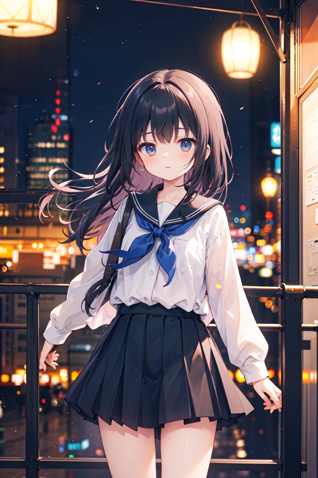 (blurry, depth of field, blurry foreground), orchestrating, symphony of slumber, floating among dreams, lullaby of the subconscious, dream orchestration scene, cowboy shot, 1girl, school uniform, night,building, cityscape, skyscraper, city lights