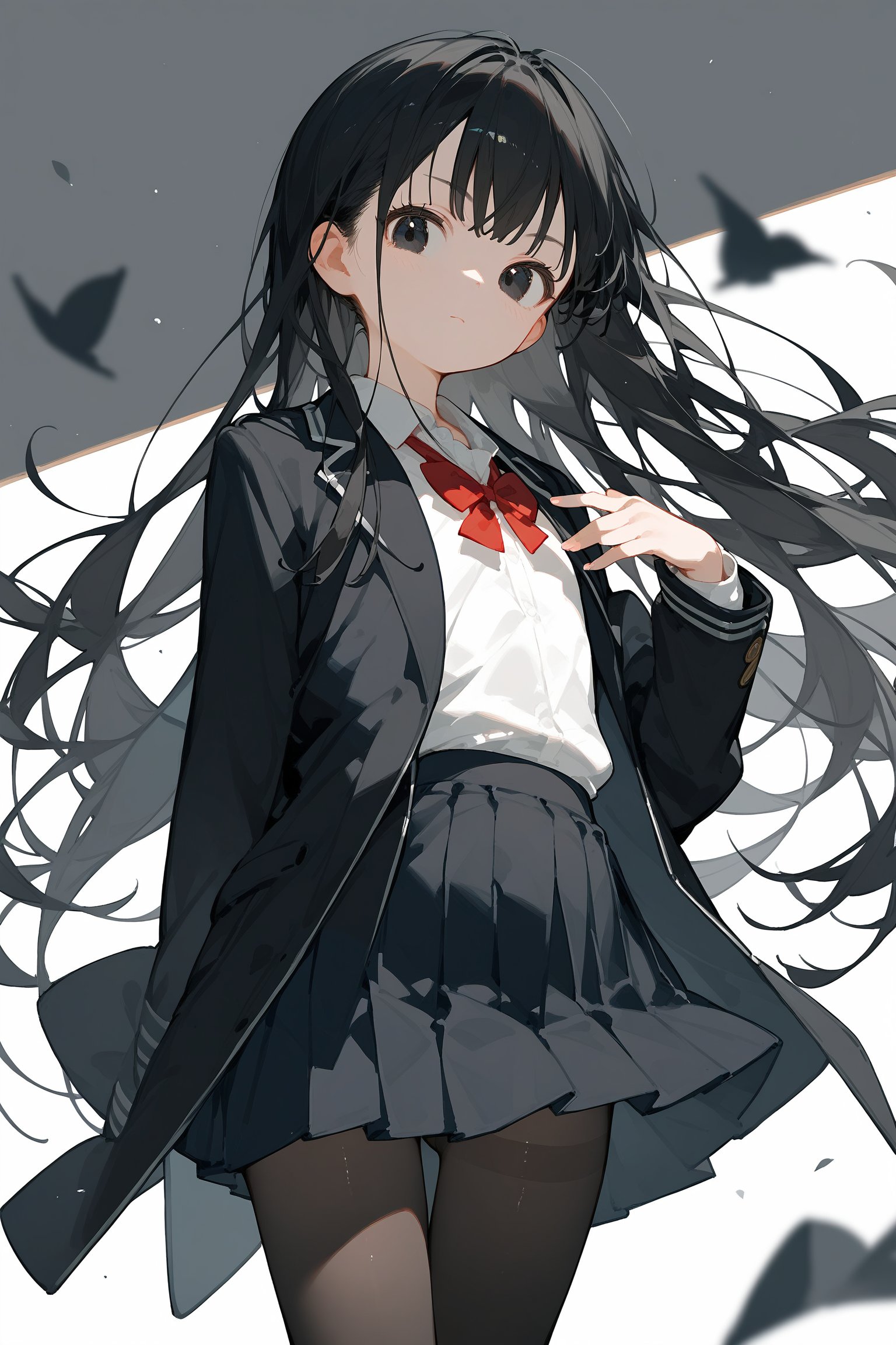 (score_9, score_8_up, score_7_up), 1girl, long hair, black hair, black eyes, flat chest, school uniform, black pantyhose, black jacket, looking at viewer, source_anime, rating_questionable