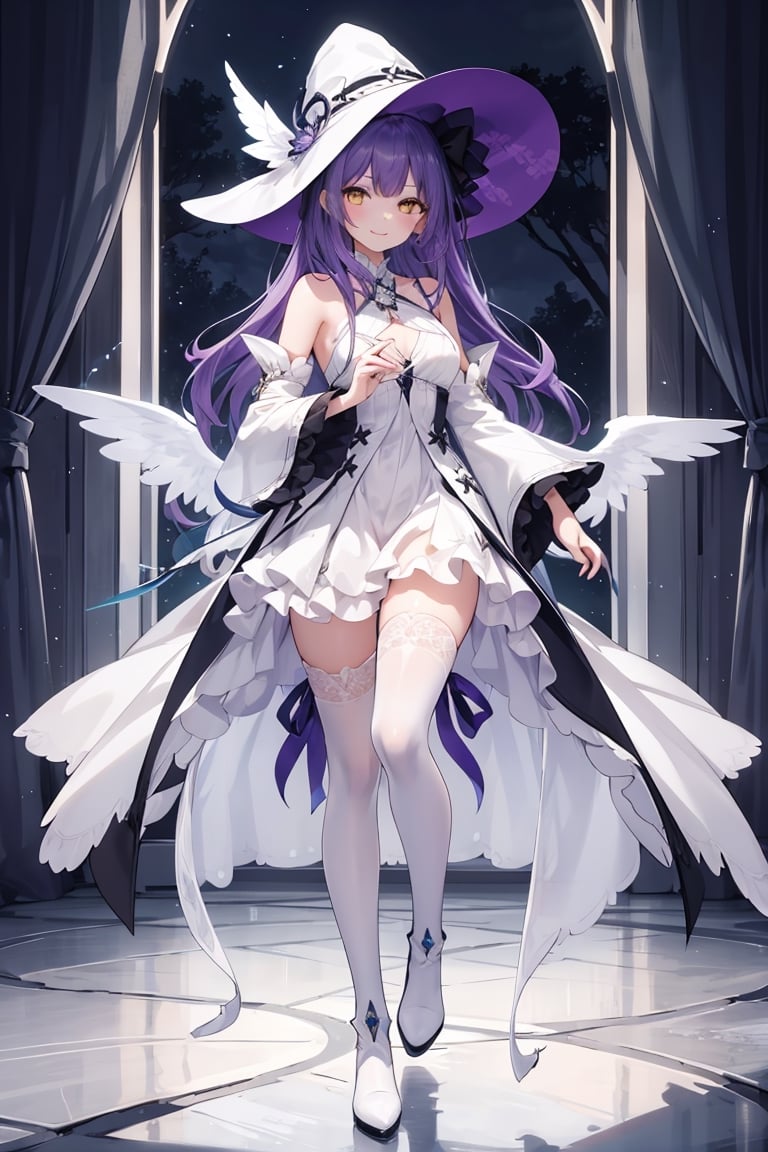 1girl, solo, illustration, purple hair, long hair, yellow eye, beautiful detailed glow eye, full body, white witch hat, white dress, frilled skirt, jewelry, best illumination, detached sleeves, thighhighs, frills,  black boots, bare shoulder, indoor, night, smile, nice hands, perfect hands, looking at viewer, ethereal glow, vibrant colors