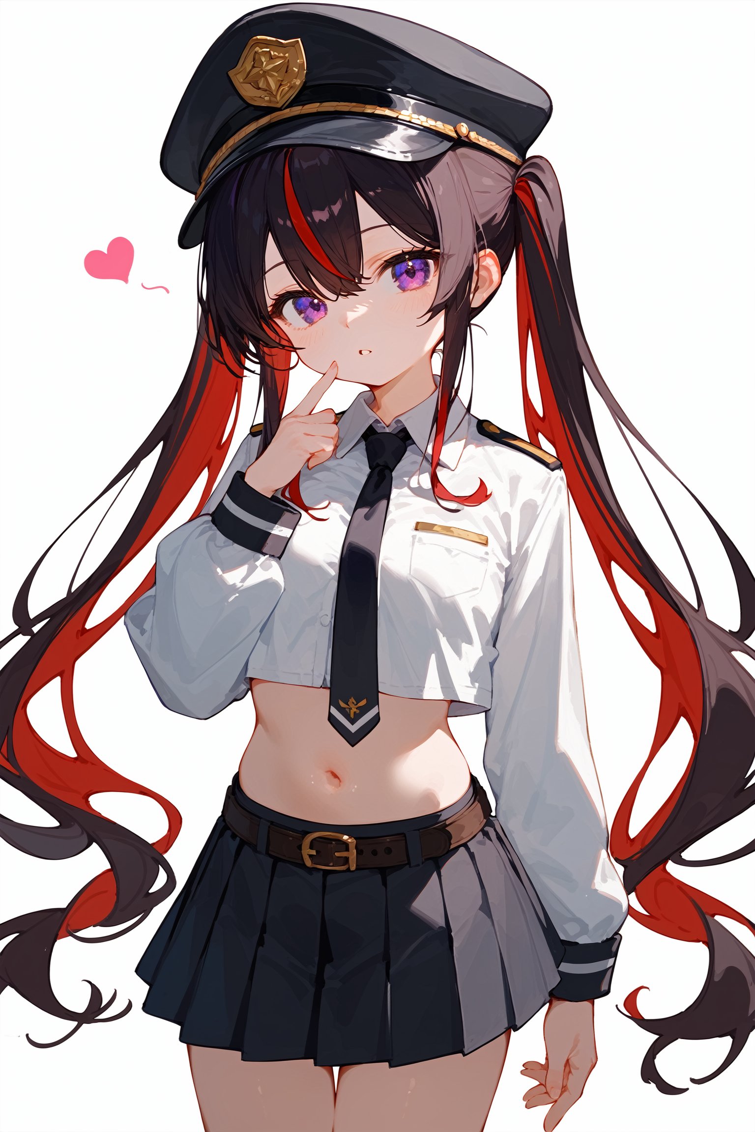 (score_9, score_8_up, score_7_up), 1girl, loli, skirt, solo, hat, twintails, black hair, long hair, necktie, pleated skirt, navel, peaked cap, purple eyes, shirt, heart, midriff, looking at viewer, long sleeves, white shirt, red hair, streaked hair, black skirt, very long hair, black necktie, black headwear, crop top, miniskirt, collared shirt, belt, hand on own waist, stomach, uniform, cowboy shot, hair between eyes, parted lips, cross