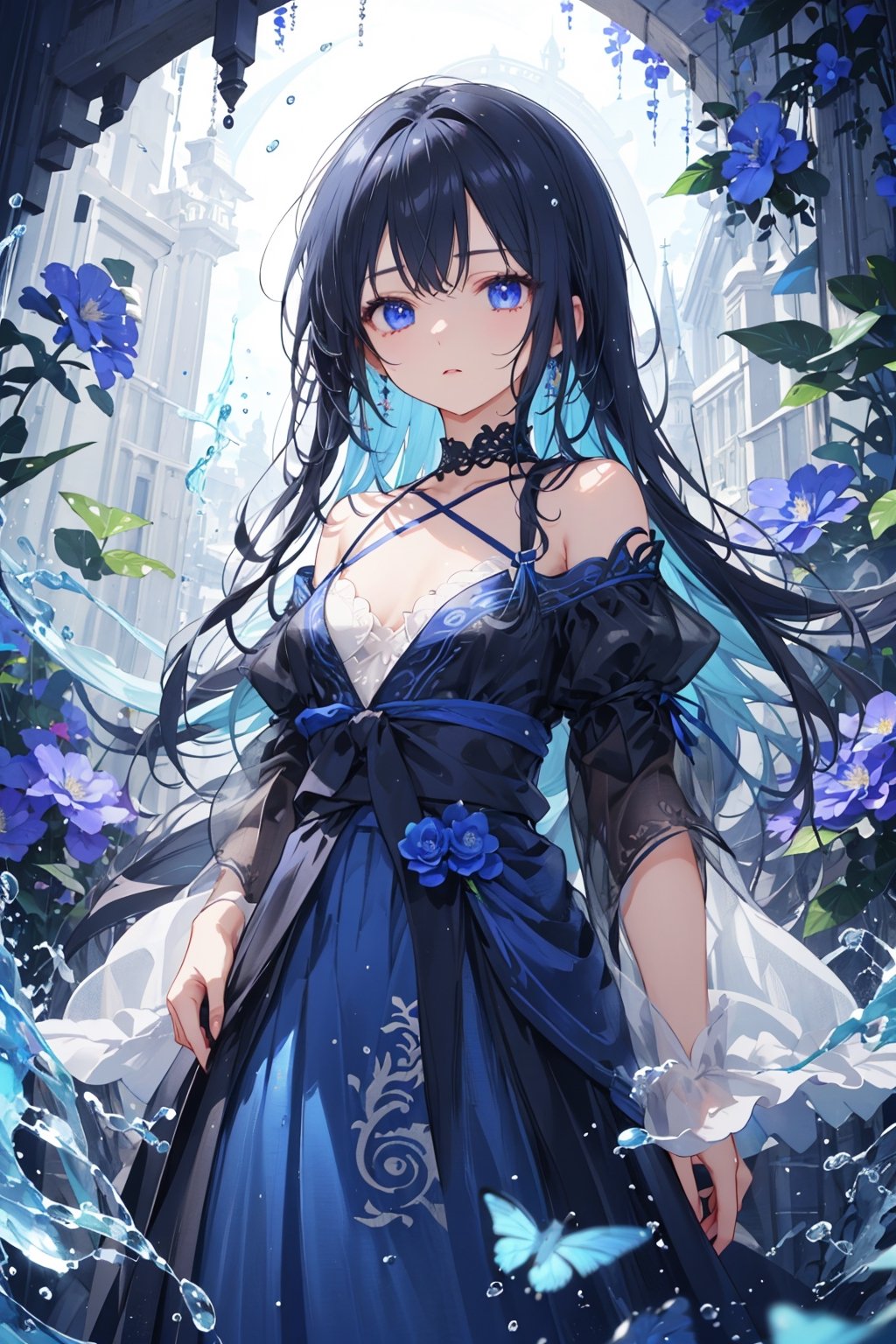 masterpiece, best quality, ultra detailed, extremely detailed, wallpaper, (Indigo eyes), (dragon Indigo), (forehead, slicked back hair, long hair, black hair with the inside of the hair dyed a beautiful indigo color), (black halter neck, wide sleeves, overskirt:1.2), (surrounding with blue flames, night, indigo flowers, water, flow, volumetric light, fantasy environment)