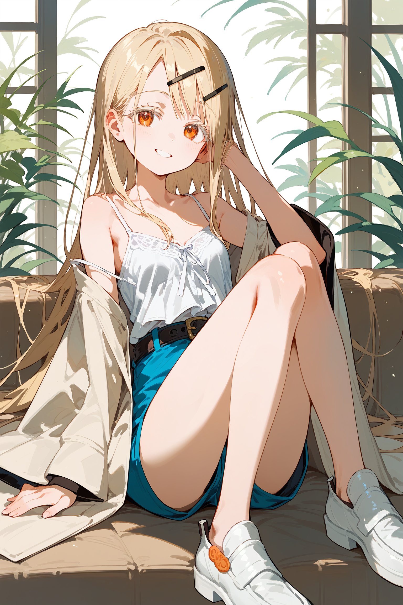 (score_9, score_8_up, score_7_up), 1girl, solo, long hair, smile, hiro-default,shinosawa hiro,slender,orange eyes,white eyelashes,blonde hair,long hair,hairclip,white camisole,blue shorts,coat,wide sleeves,belt,white footwear, sitting