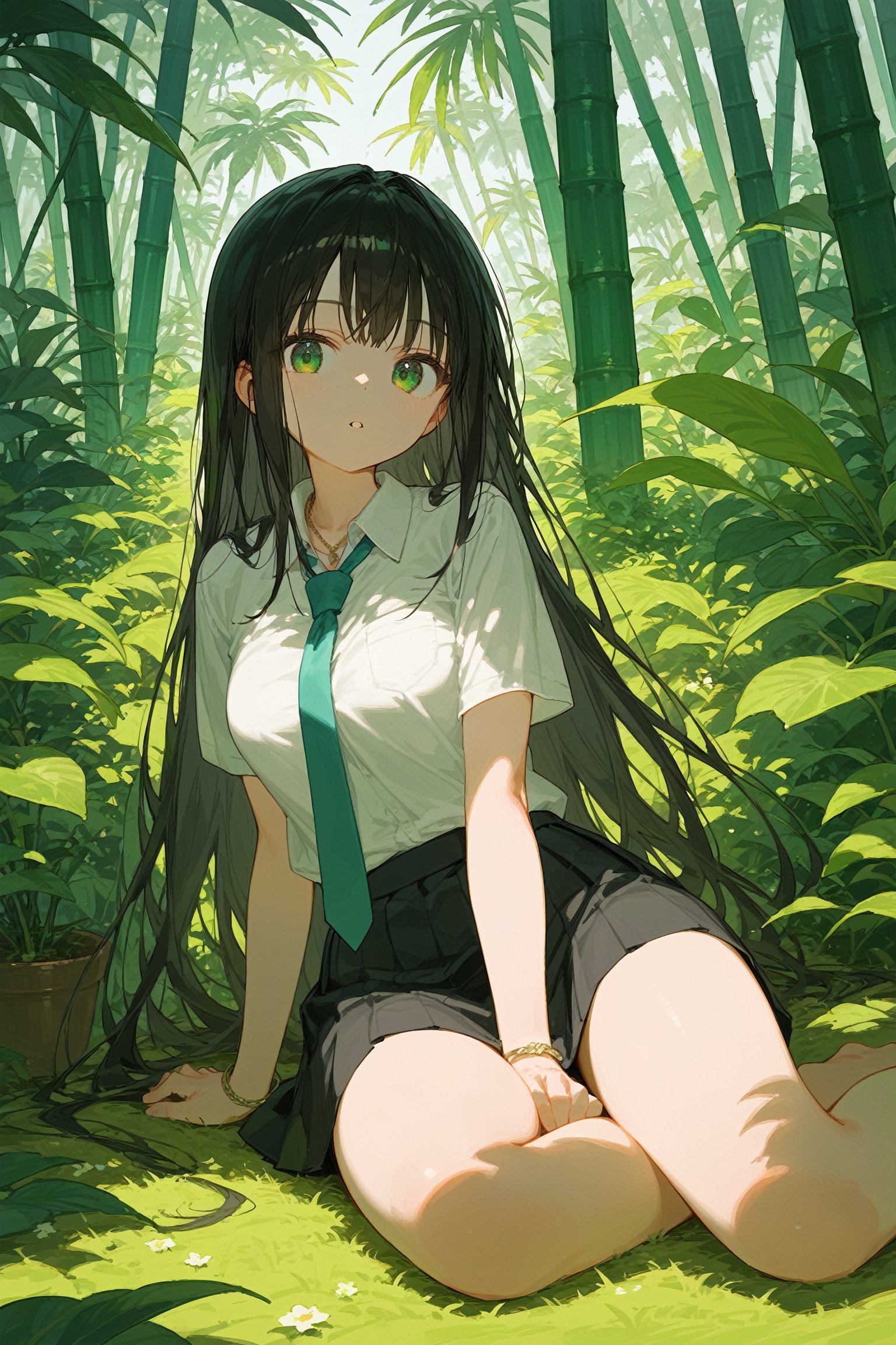 (score_9, score_8_up, score_7_up), 1girl, bamboo, bangs, black hair, black skirt, collared shirt, grass, green eyes, jewelry, jungle, leaf, long hair, looking at viewer, nature, necklace, necktie, on grass, on ground, outdoors, palm tree, parted lips, plant, potted plant, shibuya rin, shirt, short sleeves, skirt, solo, tanabata, tanzaku, tree, vines, white shirt,,
