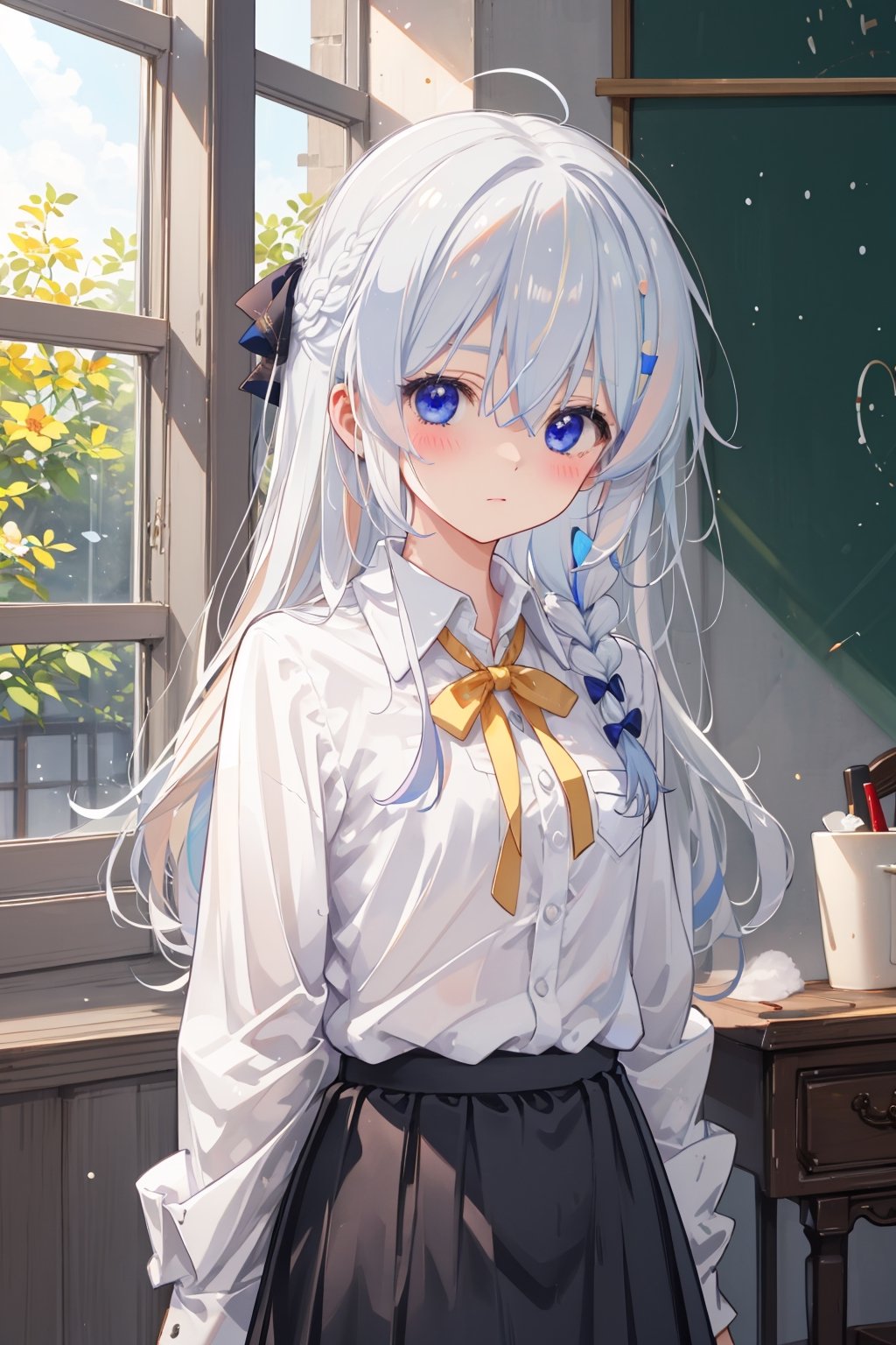 masterpiece, best quality, ultra detailed, extremely detailed, wallpaper, ph elaina, Eoutfit4, elaina (majo no tabitabi), solo, long hair, bow, white shirt, blush, black skirt, bangs, hair between eyes, blue eyes, bowtie, hair bow, collared shirt, long sleeves, shiny hair, neck ribbon, dress shirt, sidelocks, pleated skirt, pocket, hair tubes, white hair, single braid, wing collar,  school uniform, hair ribbon, 