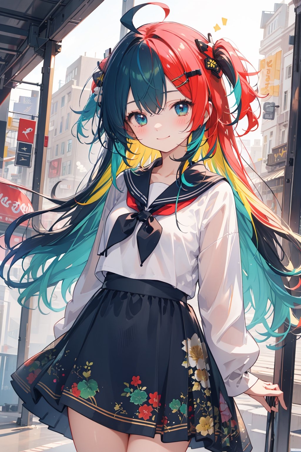 masterpiece, best quality, ultra detailed, extremely detailed, wallpaper, cowboy shot, 1girl, solo, long hair, blush, hair ornament, white hair, ahoge, blue hair, yellow hair, black hair, red hair, green hair, multicolored hair, arm open, smile, happy, cute, (pattern clothing), two-tone hair, sailor dress,