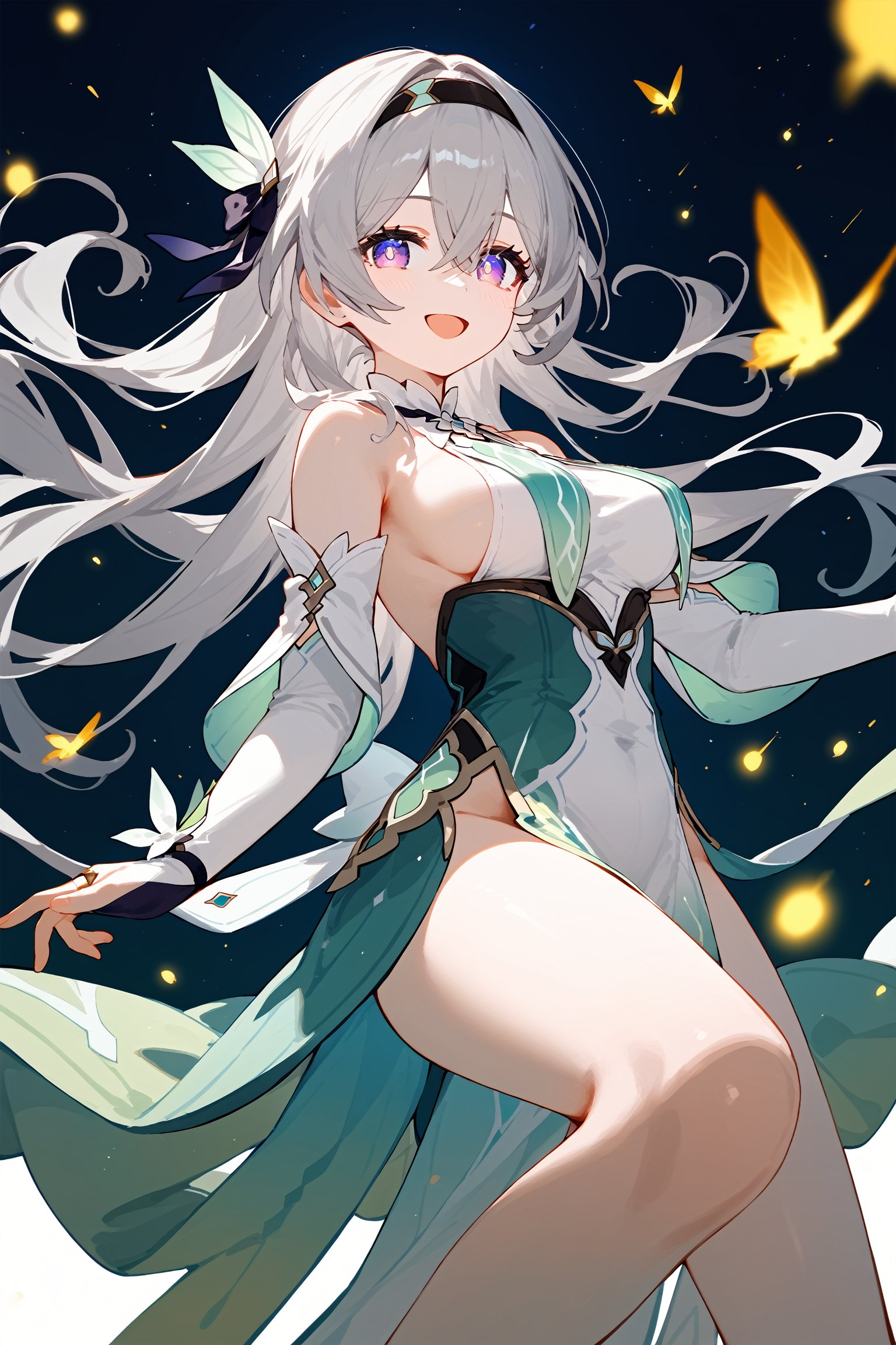 (score_9, score_8_up, score_7_up), 1girl, solo, long hair, breasts, hairband, dress, bridal gauntlets, black hairband, smile, open mouth, grey hair, looking at viewer, detached sleeves, hair between eyes, bare shoulders, thighs, purple eyes, sidelocks, ribbon, hair ribbon, floating hair, medium breasts, blue pupils, :d, multicolored eyes, pelvic curtain, bare legs, feet out of frame, sideboob, green dress, gradient eyes, white dress, hair bow,firefly \(honkai: star rail\)