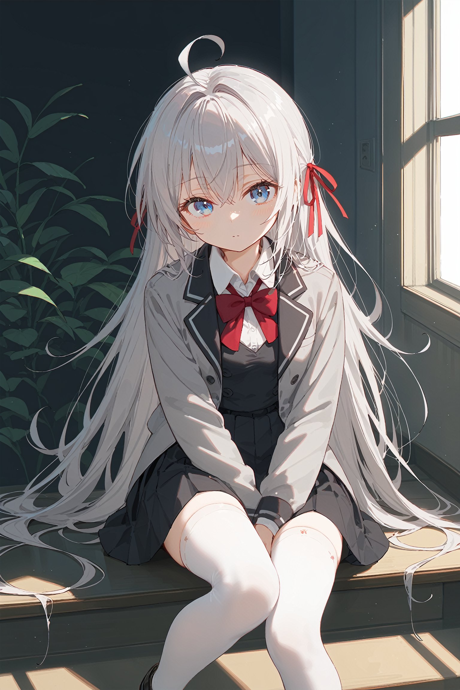 (score_9, score_8_up, score_7_up), alya, long hair, silver hair, ahoge, crossed bangs, hair ribbon, sidelocks, blue eyes, school uniform, grey jacket, open jacket, long sleeves, red bow, white shirt, collared shirt, black vest, buttons, black dress, white thighhighs, black loafers