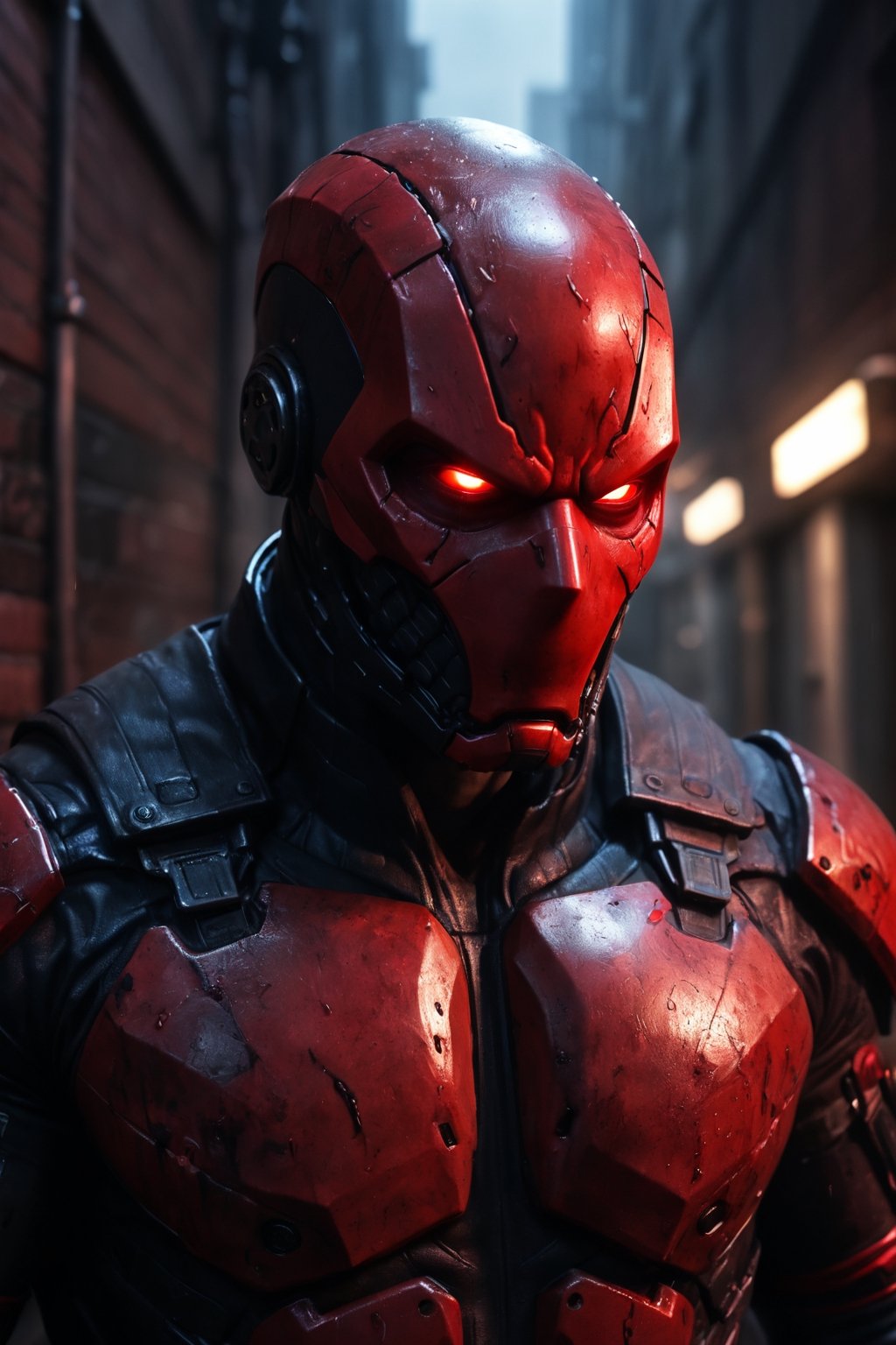 A detailed, realistic digital painting of Cyborg Red Hood in the style of Zack Snyder. He is fighting a group of criminals in an alleyway in Gotham City at night, the only light coming from the gunfire and his glowing eyes. Red Hood's suit is black and red, and he has cybernetic parts, and he is wearing a helmet with a red visor. The image is post-processed with color grading, film grain, rain effects, and blood and gore effects.

