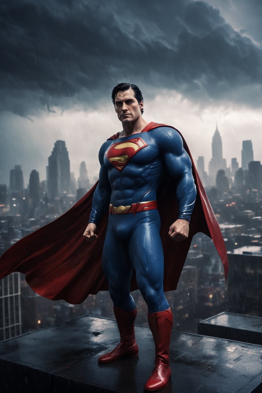 A wide-angle shot of Superman flying through the rain, over a dark and stormy city. He is wearing his classic blue and red suit, and his cape is billowing in the wind. The rain is coming down in sheets, and the lightning is flashing in the distance. The city is dark and ominous below him. The image is rendered in a hyperrealistic style, with incredible detail and realism.

