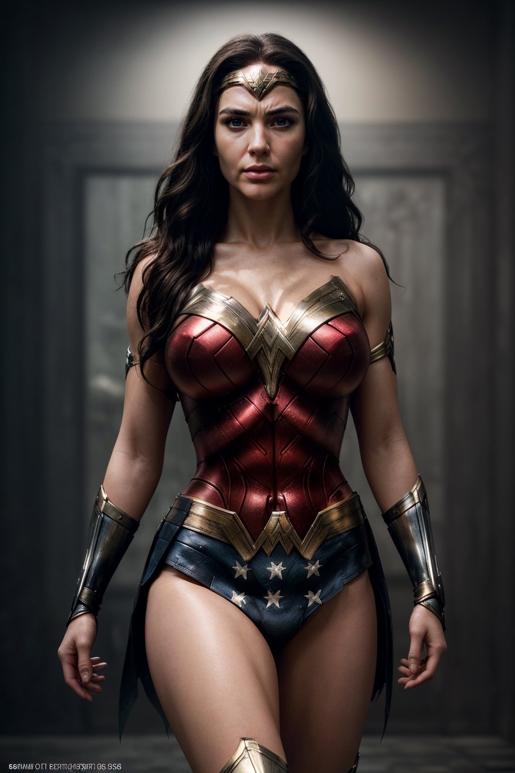 Create a highly detailed and ultra-realistic cinematic portrait of Wonder Woman, medium tits, in the style of a magazine cover. The image should exude a captivating and dramatic atmosphere, with as the central focus. Pay special attention to their facial features, clothing, and overall appearance, ensuring that every detail is meticulously rendered for maximum realism. The lighting should be expertly crafted to create depth and dimension, with a careful balance of highlights and shadows to bring out the best in features. The background should complement the subject without overshadowing them, adding to the overall cinematic feel of the image. 