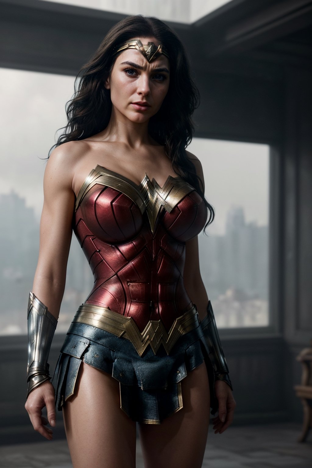 Create a highly detailed and ultra-realistic cinematic portrait of Wonder Woman, medium tits, in the style of a magazine cover. The image should exude a captivating and dramatic atmosphere, with as the central focus. Pay special attention to their facial features, clothing, and overall appearance, ensuring that every detail is meticulously rendered for maximum realism. The lighting should be expertly crafted to create depth and dimension, with a careful balance of highlights and shadows to bring out the best in features. The background should complement the subject without overshadowing them, adding to the overall cinematic feel of the image. 