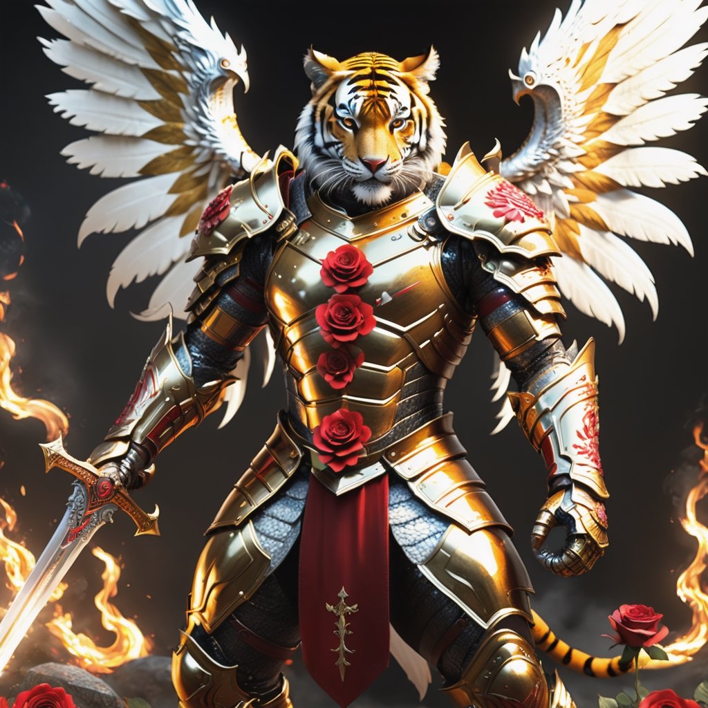 Realistic
[A HUMAN TIGER knight in golden armor], muscular arms, very muscular, dressed in full golden armor filled with red roses all over the body, Medallion with letter H, Medallions with letter H throughout the armor, letters H throughout the armor, metal gloves with long sharp blades, swords on his arms. , (metal sword with transparent fire blade).holding it in right hand, full body, hdr, 8k, subsurface scattering, specular light, high resolution, octane rendering, field background,ANGELS PROTECTING LO,(((CROUD ANGELS PROTECTING THE HUMAN TIGER))), transparent fire sword, field background WITH red ROSES, fire whip held in his left hand, (((BACKGROUND FULL OF ANGELS WITH WHITE WINGS PROTECTING THE HUMAN TIGER))),more detail XL