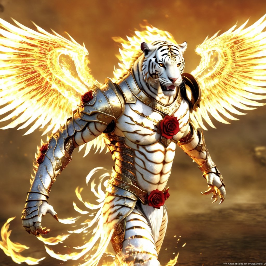 Realistic
Description of a very muscular and highly detailed [WHITE HUMAN TIGER male with WHITE wings], dressed in detailed full body armor filled with red roses with armored plates all over the body, bright electricity running through its body, full armor, medallion with the letter H, metal gloves with long sharp blades, swords on the arms. , (metal sword with transparent fire blade). in right hand, full body, hdr, 8k, subsurface scattering, specular light, high resolution, octane rendering, field background, ANGEL WINGS,(ANGEL WINGS), transparent fire sword, golden field background with ROSES red, fire whip in his left hand, fire element, armor that protects the entire body,(HUMAN TIGER male)fire element,sword fire,golden armor,face tiger,