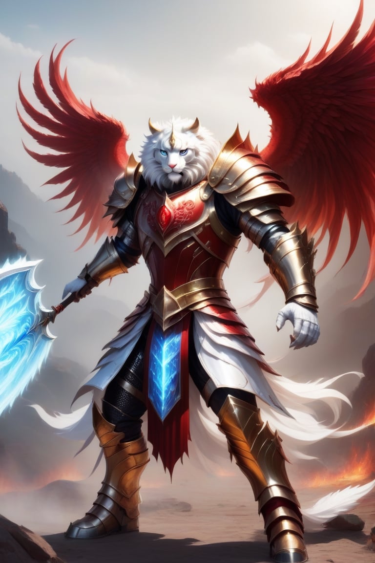 Realistic
Representation of a [WHITE human tiger with brown eyes with WHITE wings] one horn on the forehead, very muscular, dressed in gold plate armor all over the body, left arm reinforced with a shield, right hand with a special glove.
Metallic red with long, sharp blades, (metal sword with transparent fire blade). in the right hand a sword, full length, SHIELD of red rose in his left hand, field background, ANGEL WINGS, (ANGEL WINGS), sword of transparent fire, background of FIRE and red ROSES, with blue fire, blue flames, a unicorn horn on the forehead, sword of fire, full armor of roses,