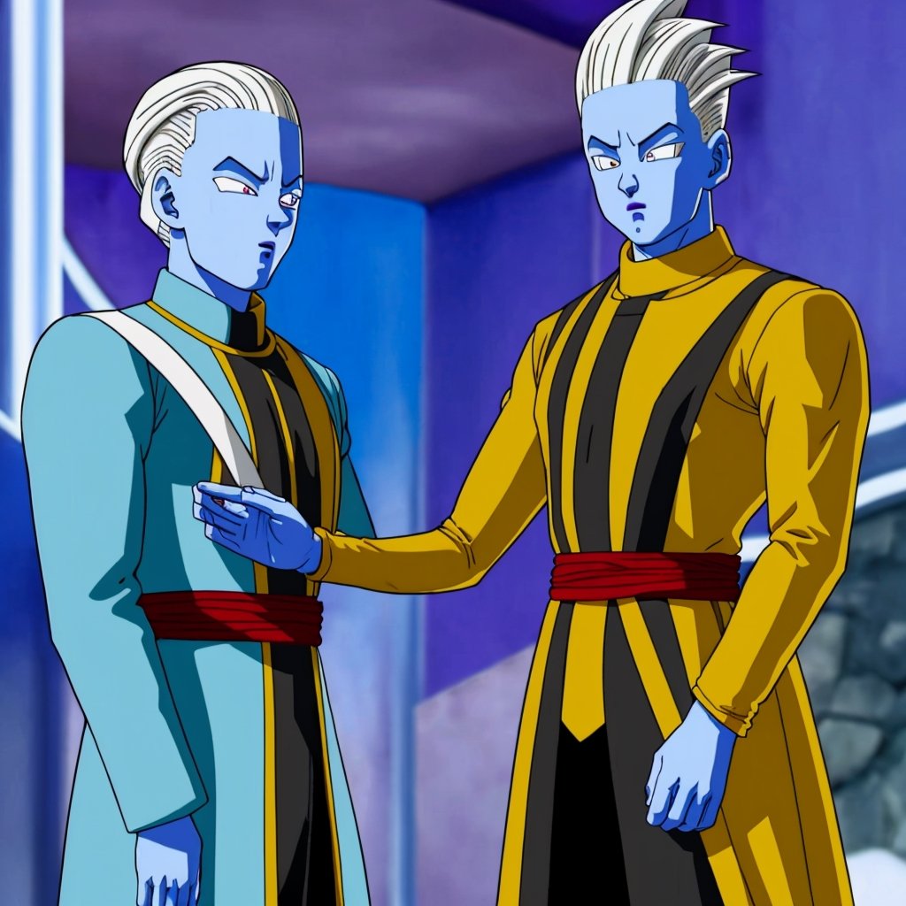 WHIS character in a man from Dragon Ball wearing a tuxedo, suit with tie, very elegant dress jacket with tie, WHIS in a man, blue skin, abundant white hair standing upright hair style with spikes