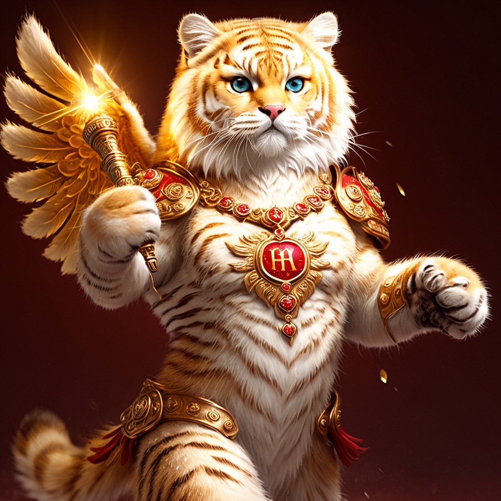 Realistic
FULL BODY IMAGE, Description of a [WHITE HUMAN TIGER WARRIOR WITH WHITE WINGS] muscular arms, very muscular and very detailed, LEFT ARM WITH HEAVY REINFORCED BRACELET with solid shield, right hand holding a transparent fire sword, dressed in golden armor full body full of red roses, helmet on head, glowing blue electricity running through his body, golden armor and completely white letter H medallion on chest, hdr, 8k, subsurface dispersion, specular light, high resolution, octane rendering , large money field background, GOLDEN WHEAT and red ROSES field background, medallion with the letter H on the chest, background Rain of gold coins and dollar bills, (GOOD LUCK) fire sword H, shield H , letter H pendant, letter H medallion on uniform, hypermuscle, H on chest, FULL BODY IMAGE, super strong legs with armor with gold details,Leonardo style ,Spirit Fox Pendant,phoenix pendant,Holy Dragon Pendant,Dolphin Pendant,GUILD WARS,Panda Pendant,ral-chrcrts,jinjianceng