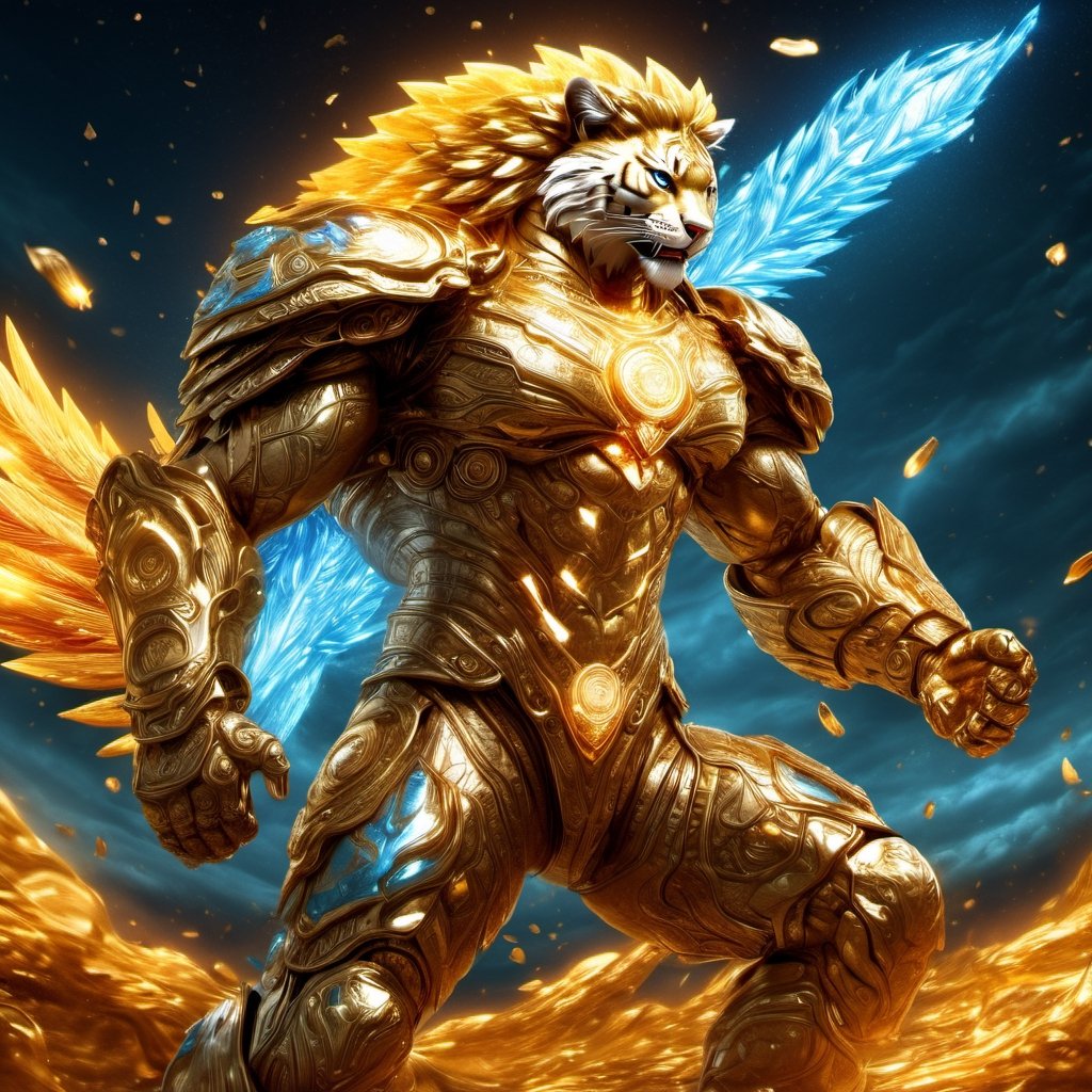 Realistic
FULL BODY IMAGE, Description of a [WHITE HUMAN TIGER WARRIOR WITH WHITE WINGS] muscular arms, very muscular and very detailed, LEFT ARM WITH HEAVY REINFORCED BRACELET with solid shield, right hand holding a transparent fire sword, dressed in golden armor full body full of red roses, helmet on head, glowing blue electricity running through his body, golden armor and completely white letter H medallion on chest, hdr, 8k, subsurface dispersion, specular light, high resolution, octane rendering , large money field background, GOLDEN WHEAT and red ROSES field background, medallion with the letter H on the chest, background Rain of gold coins and dollar bills, (GOOD LUCK) fire sword H, shield H , letter H pendant, letter H medallion on uniform, hypermuscle, H on chest, FULL BODY IMAGE, super strong legs with armor with gold details,Leonardo style 
