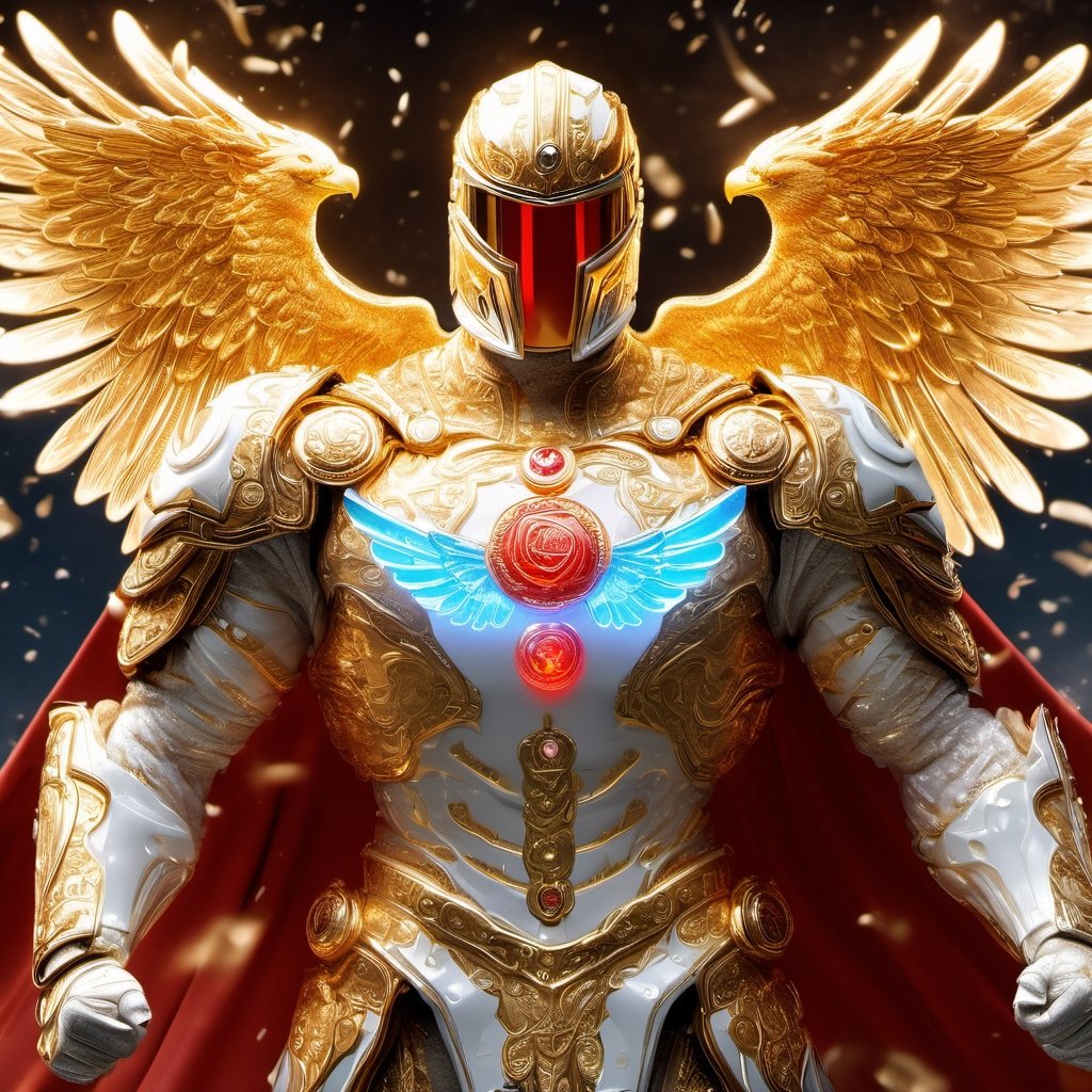 Realistic
Description of a [WHITE WARRIOR Henry with WHITE wings] muscular arms, very muscular and very detailed, dressed in a full body golden armor filled with red roses with ELECTRIC LIGHTS all over his body, blue glowing electricity running through his body, golden armor and complete white, letter H medallion on his chest, red metal gloves with long sharp blades, transparent swords held in both hands. (metal sword with transparent fire blade), hdr, 8k, subsurface scattering, specular light, high resolution, octane rendering, big money field background,4 WINGS OF ANGEL,(4 WINGS OF ANGEL), fire sword transparent, background of field of GOLDEN WHEAT and red ROSES, medallion with the letter H on the chest, WHITE Henry, muscular arms, background Rain of gold coins and dollar bills, (GOOD LUCK) fire sword H, shield H, pendant letter H, letter H medallion on the uniform, hypermuscle, cat, blessing of GOD almighty and JESUS ​​and THE HOLY SPIRIT, letter H pendant on his chest, white mask that covers the face and leaves the eyes visible