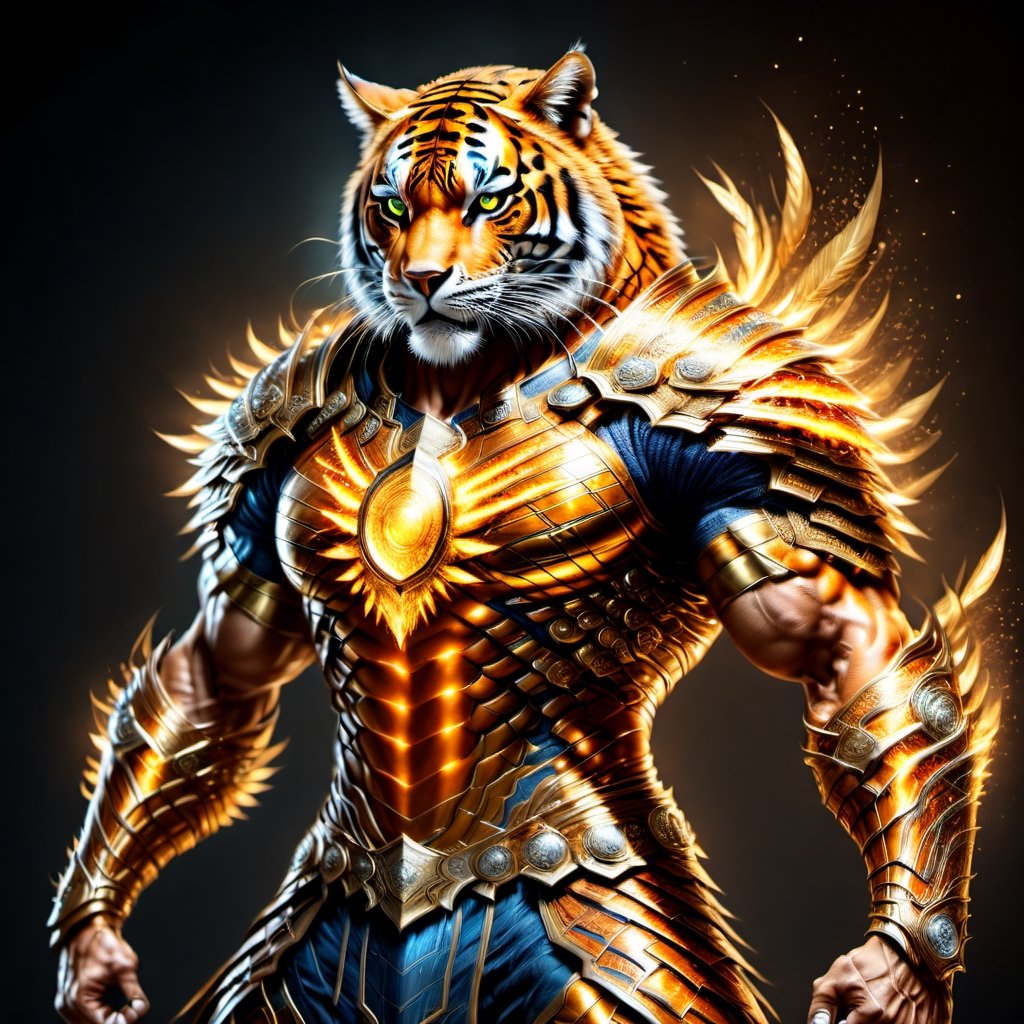 Realistic
FULL BODY IMAGE, Description of a [super MUSCLE HUMAN TIGER WARRIOR with TIGER head] muscular arms, very muscular and very detailed, LEFT ARM WITH REINFORCED HEAVY BRACELET with solid shield, right hand holding a FIRE SWORD, dressed in armor illuminated gold medallion, a letter H medallion, hdr, 8k, subsurface scattering, specular lighting, high resolution, octane rendering, ILLUMINATED GOLDEN WHEAT BACKGROUND IN OPEN FIELD, FULL BODY IMAGE, tiger head, super muscular legs,more detail XL