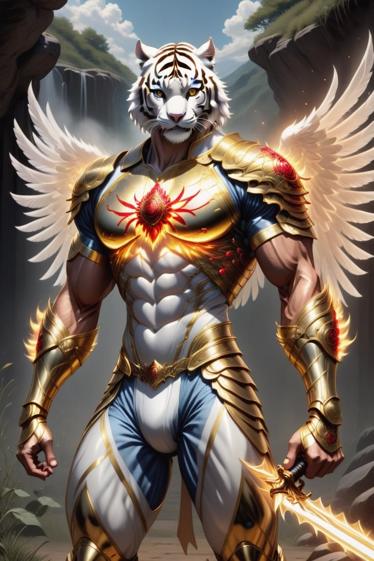 Realistic
Description of a [Male WHITE TIGER Human with WHITE wings] very muscular arms, very muscular legs, dressed in golden full body armor, bright electricity running through his body, full armor, letter medallion. H, metal gloves with long, sharp blades, swords on the arms. , (metal sword with transparent fire blade). in right hand, full body, hdr, 8k, subsurface scattering, specular light, high resolution, octane rendering, field background, ANGEL WINGS,(ANGEL WINGS), transparent fire sword, golden field background with ROSES red, fire whip in his left hand, fire element, armor that protects the entire body, (male HUMAN TIGER) fire element, fire sword, golden armor, tiger face, very muscular body, muscular body,skin white,very muscular giant,
TIGER face.GIANT MUSCLE,
TIGER face,MUSCLE ARMS