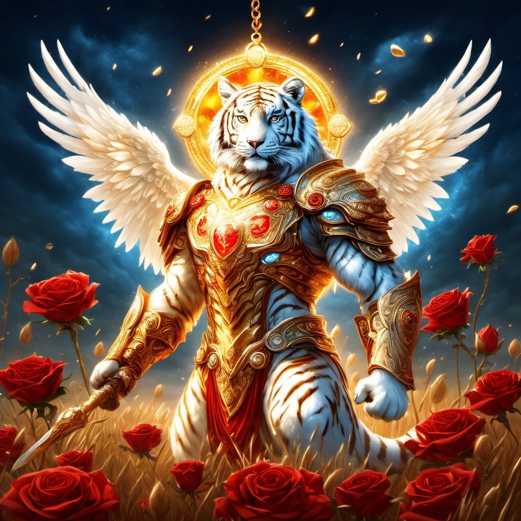 Realistic
FULL BODY IMAGE, Description of a [WHITE HUMAN TIGER WARRIOR WITH WHITE WINGS] muscular arms, very muscular and very detailed, LEFT ARM WITH HEAVY REINFORCED BRACELET with solid shield, right hand holding a transparent fire sword, dressed in golden armor full body full of red roses, helmet on head, glowing blue electricity running through his body, golden armor and completely white letter H medallion on chest, hdr, 8k, subsurface dispersion, specular light, high resolution, octane rendering , large money field background, GOLDEN WHEAT and red ROSES field background, medallion with the letter H on the chest, background Rain of gold coins and dollar bills, (GOOD LUCK) fire sword H, shield H , letter H pendant, letter H medallion on uniform, hypermuscle, H on chest, FULL BODY IMAGE, super strong legs with armor with gold details,Leonardo style ,Spirit Fox Pendant,phoenix pendant,Holy Dragon Pendant