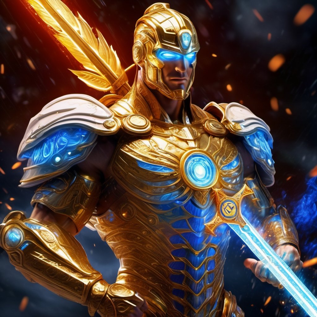 Realistic
Description of a [WHITE WARRIOR Henry with WHITE wings] muscular arms, very muscular and very detailed, dressed in a golden full body armor filled with red roses, helmet on his head, bright blue electricity running through his body, golden armor and Medallion of the letter H completely white on the chest, red metal gloves with long sharp blades, transparent swords held in both hands. (metal sword with transparent fire blade), hdr, 8k, subsurface scattering, specular light, high resolution, octane rendering, big money field background, 4 WINGS OF ANGEL, (4 WINGS OF ANGEL), fire sword transparent, background of field of GOLDEN WHEAT and red ROSES, medallion with the letter H on the chest, WHITE Henry, muscular arms, background Rain of gold coins and dollar bills, (GOOD LUCK) fire sword H, shield H , pendant of the letter H, medallion of the letter H on the uniform, hypermuscle, blessing of GOD almighty and JESUS ​​and THE HOLY SPIRIT, pendant of letter H on the chest, helmet that covers his face, HENRY the mascot of JESUS, helmet that covers your face,fire element,more detail XL,cyborg