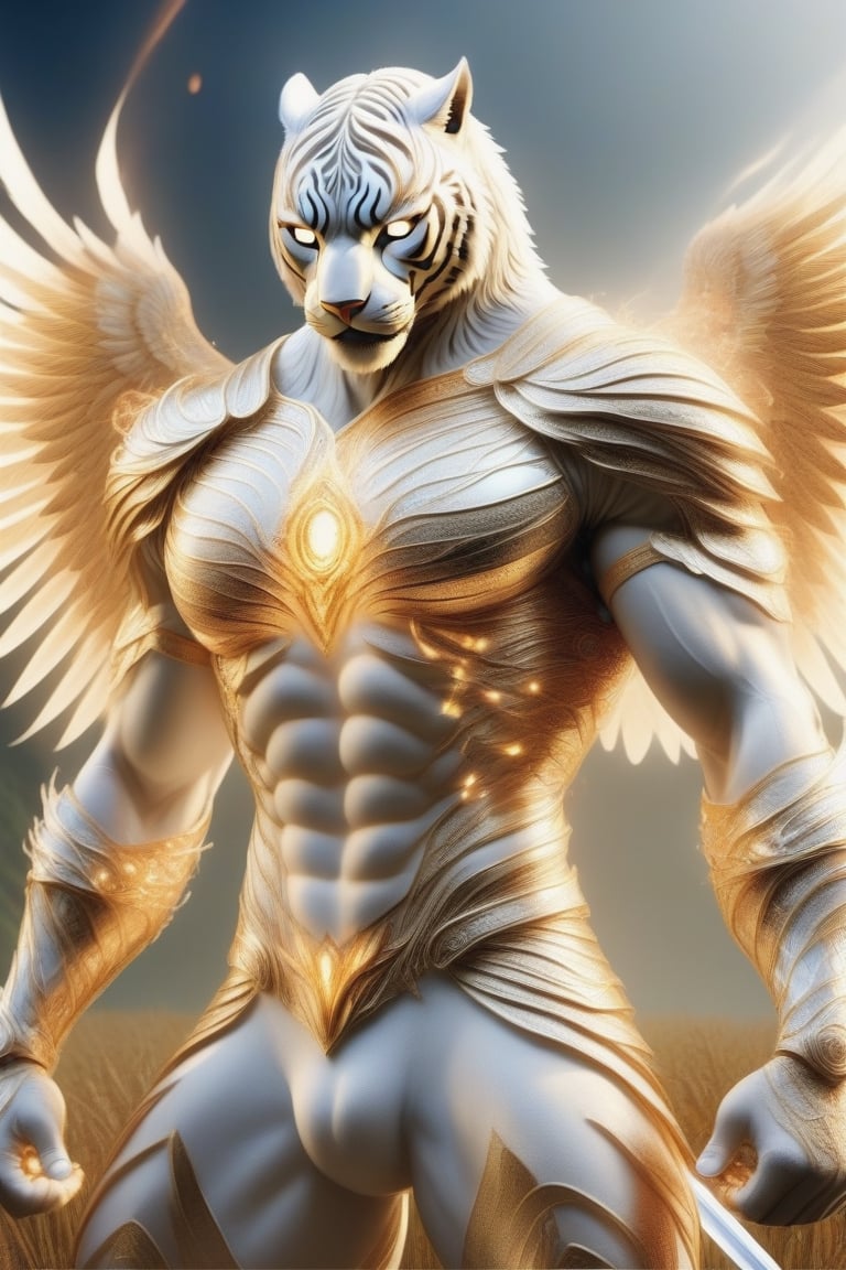 Realistic
Description of a [Male WHITE TIGER Human with WHITE wings] very muscular arms, very muscular legs, dressed in golden full body armor, bright electricity running through his body, full armor, letter medallion. H, metal gloves with long, sharp blades, swords on the arms. , (metal sword with transparent fire blade). in right hand, full body, hdr, 8k, subsurface scattering, specular light, high resolution, octane rendering, field background, ANGEL WINGS,(ANGEL WINGS), transparent fire sword, golden field background with ROSES red, fire whip in his left hand, fire element, armor that protects the entire body, (male HUMAN TIGER) fire element, fire sword, golden armor, tiger face, very muscular body, muscular body,skin white,very muscular giant,
TIGER face.GIANT MUSCLE,
TIGER face,DonM3lv3nM4g1cXL,rmspdvrs