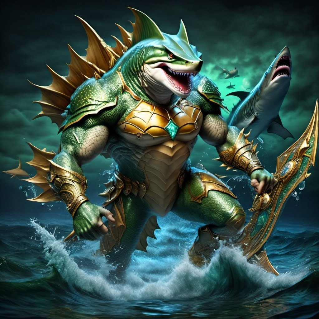 Realistic
FULL BODY IMAGE, Description of a [WINGED HUMAN SHARK WARRIOR with SHARK head] muscular, very muscular and highly detailed arms, LEFT ARM WITH REINFORCED HEAVY BRACELET with solid shield, right hand holding a golden trident, dressed in illuminated GREEN armor , full body of GREEN scales, a medallion of the letter A, hdr, 8k, subsurface scattering, specular lighting, high resolution, octane rendering, bottom of a large SEA, OCEAN of money, bottom of OCEAN WATER, hypermuscle, IMAGE FULL BODY, shark head, shark face, SHARK FACE, trident in his hand