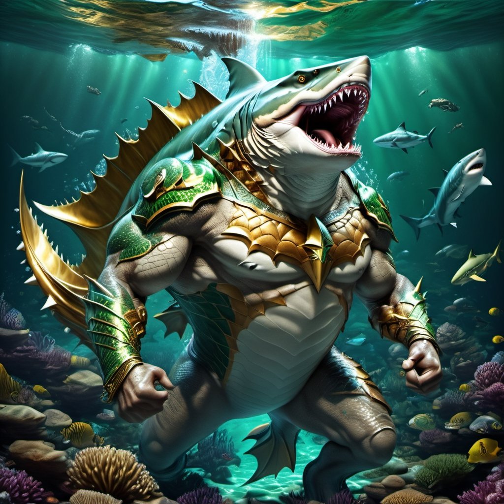 Realistic
FULL BODY IMAGE, Description of a [WINGED HUMAN SHARK WARRIOR with SHARK head] muscular, very muscular and highly detailed arms, LEFT ARM WITH HEAVY REINFORCED BRACELET with solid shield, right hand holding a golden trident, dressed in illuminated GREEN armor , full body of black scales, a medallion of the letter A, hdr, 8k, subsurface scattering, specular lighting, high resolution, octane rendering, bottom of a large SEA, OCEAN of money, bottom of OCEAN WATER, hypermuscle, IMAGE FULL BODY, shark head, shark face, SHARK FACE, trident in his hand,more detail XL