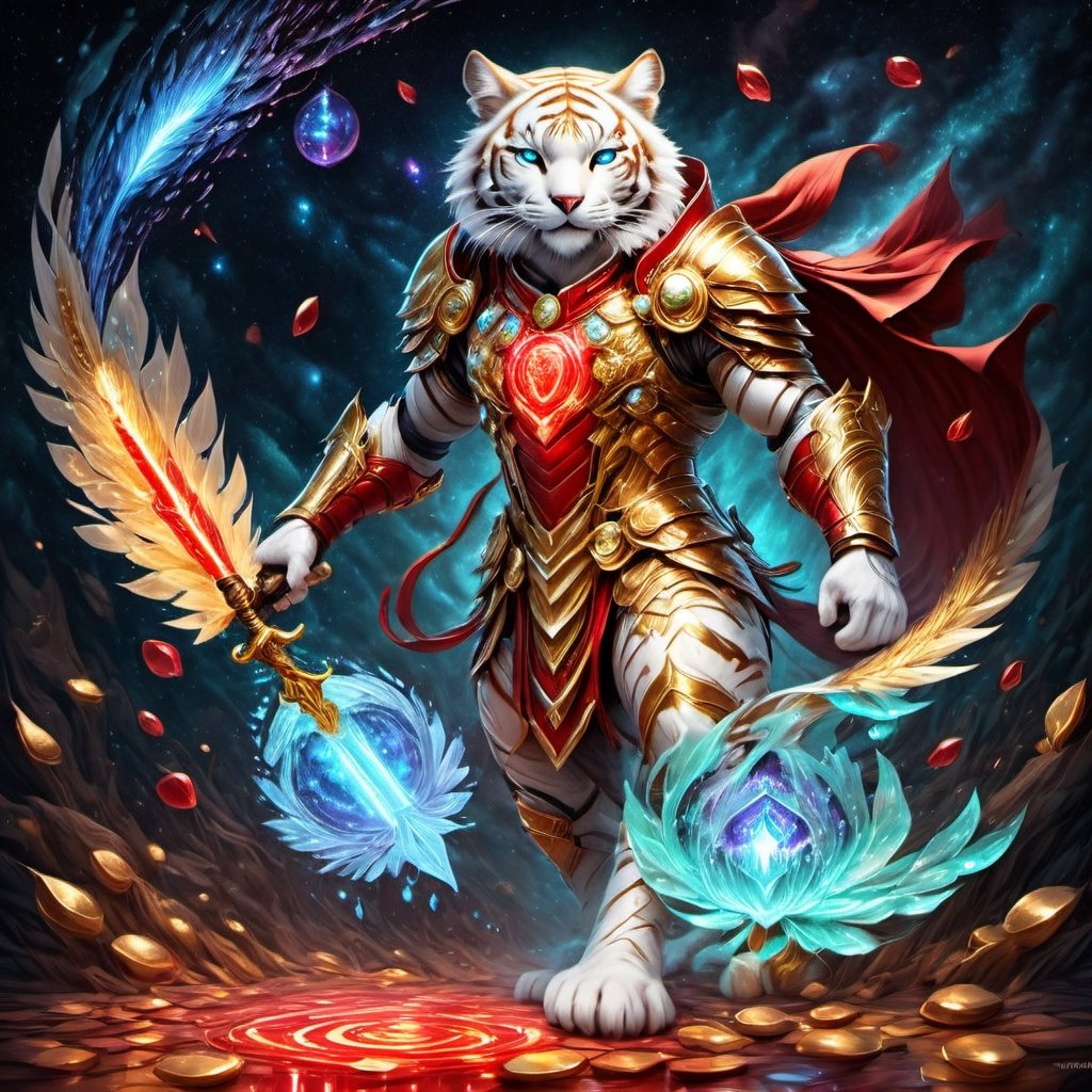 Realistic
FULL BODY IMAGE, Description of a [WHITE HUMAN TIGER WARRIOR WITH WHITE WINGS] muscular arms, very muscular and very detailed, LEFT ARM WITH HEAVY REINFORCED BRACELET with solid shield, right hand holding a transparent fire sword, dressed in golden armor full body full of red roses, helmet on head, glowing blue electricity running through his body, golden armor and completely white letter H medallion on chest, hdr, 8k, subsurface dispersion, specular light, high resolution, octane rendering , large money field background, GOLDEN WHEAT and red ROSES field background, medallion with the letter H on the chest, background Rain of gold coins and dollar bills, (GOOD LUCK) fire sword H, shield H , letter H pendant, letter H medallion on uniform, hypermuscle, H on chest, FULL BODY IMAGE, super strong legs with armor with gold details,Leonardo style ,Spirit Fox Pendant,phoenix pendant,Holy Dragon Pendant,Dolphin Pendant,GUILD WARS,Panda Pendant,ral-chrcrts,jinjianceng,Fortnite,aw0k cat