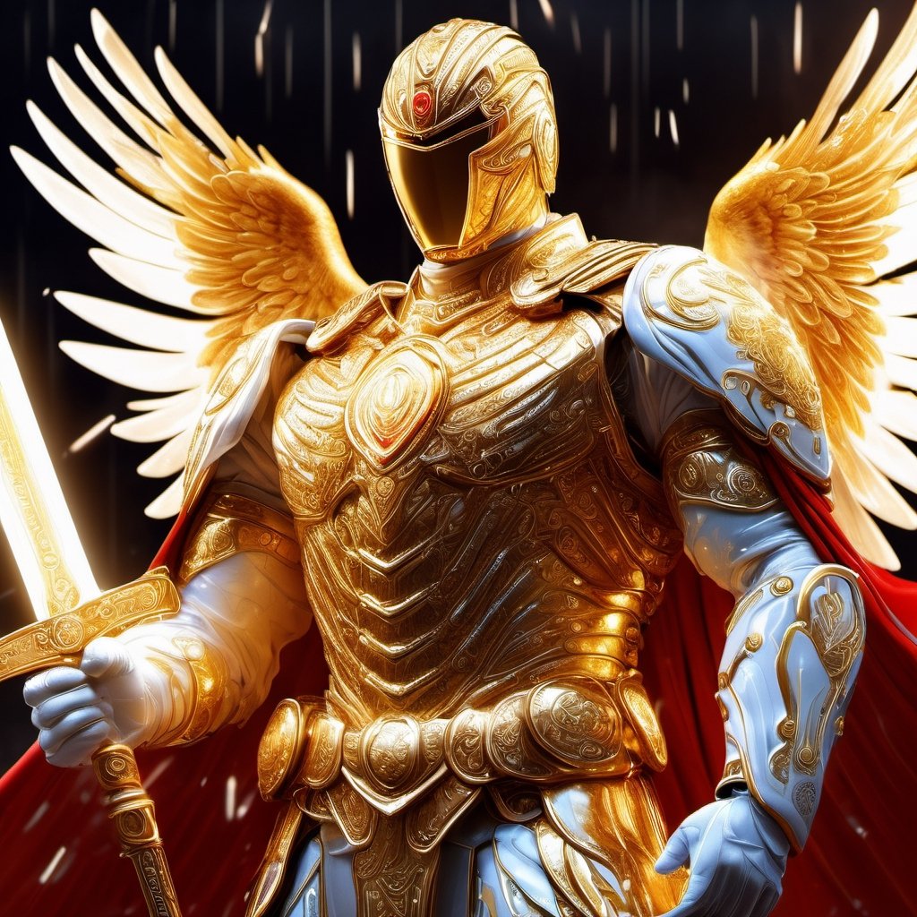 Realistic
Description of a [WHITE WARRIOR Henry with WHITE wings] muscular arms, very muscular and very detailed, dressed in a full body golden armor filled with red roses with ELECTRIC LIGHTS all over his body, blue glowing electricity running through his body, golden armor and complete white, letter H medallion on his chest, red metal gloves with long sharp blades, transparent swords held in both hands. (metal sword with transparent fire blade), hdr, 8k, subsurface scattering, specular light, high resolution, octane rendering, big money field background,4 WINGS OF ANGEL,(4 WINGS OF ANGEL), fire sword transparent, background of field of GOLDEN WHEAT and red ROSES, medallion with the letter H on the chest, WHITE Henry, muscular arms, background Rain of gold coins and dollar bills, (GOOD LUCK) fire sword H, shield H, pendant letter H, letter H medallion on the uniform, hypermuscle, cat, blessing of GOD almighty and JESUS ​​and THE HOLY SPIRIT, letter H pendant on his chest, white mask that covers the face and leaves the eyes visible