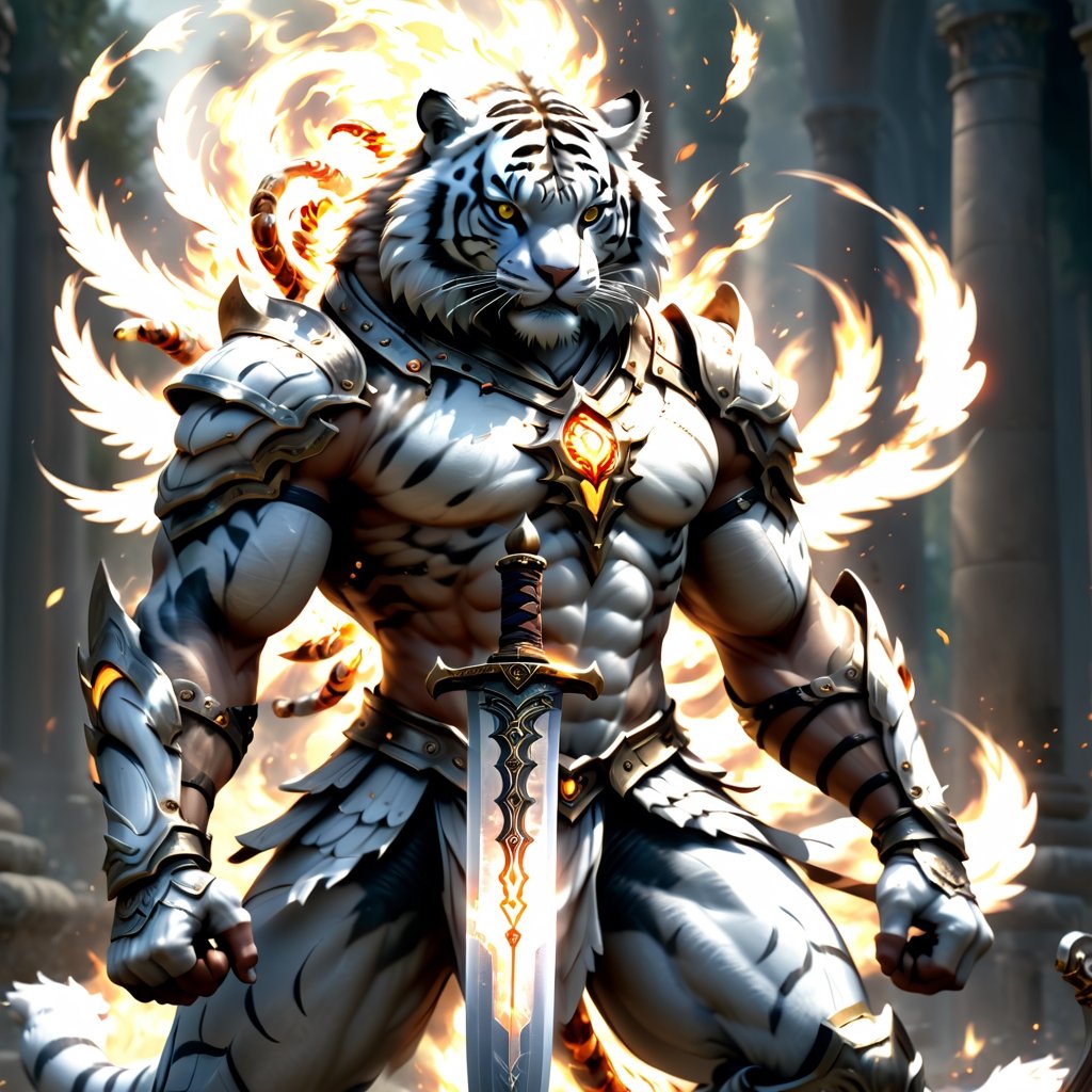 Realistic
[A WHITE HUMAN TIGER KNIGHT], muscular arms, very muscular, ,Medallion with the letter H, (((Metal bracelets with long sharp blades, swords on the arms))), (metal sword with transparent fire blade) .holding it with right hand, full body, hdr, 8k, subsurface scattering, specular light, high resolution, octane rendering, ANGELS background,(((ANGELS PROTECTING THE HUMAN TIGER ))), transparent fire sword, whip of fire held in his left hand, (((BACKGROUND FULL OF ANGELS WITH WHITE WINGS PROTECTING THE HUMAN TIGER))),