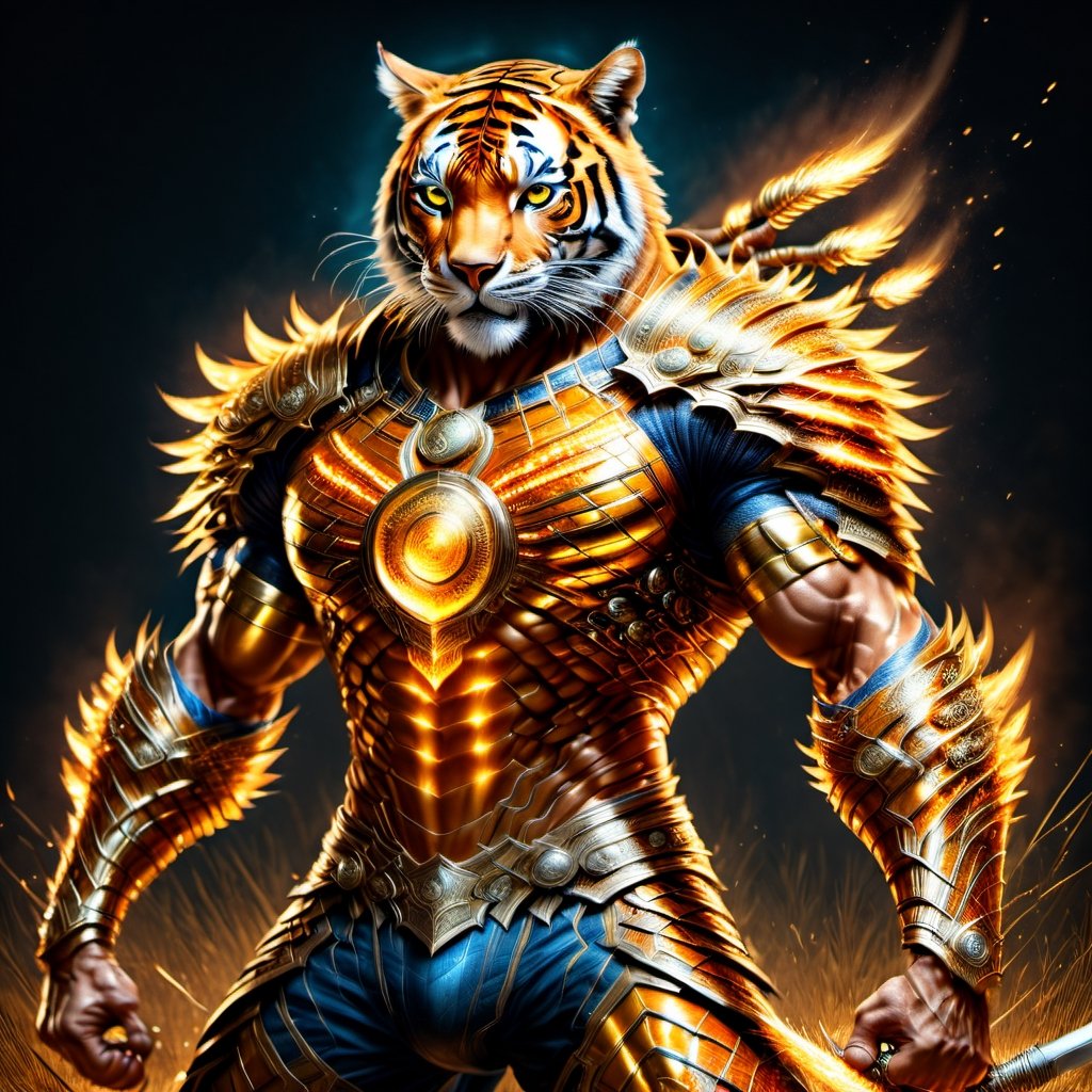 Realistic
FULL BODY IMAGE, Description of a [super MUSCLE HUMAN TIGER WARRIOR with TIGER head] muscular arms, very muscular and very detailed, LEFT ARM WITH REINFORCED HEAVY BRACELET with solid shield, right hand holding a FIRE SWORD, dressed in armor illuminated gold medallion, a letter H medallion, hdr, 8k, subsurface scattering, specular lighting, high resolution, octane rendering, ILLUMINATED GOLDEN WHEAT BACKGROUND IN OPEN FIELD, FULL BODY IMAGE, tiger head, super muscular legs,more detail XL