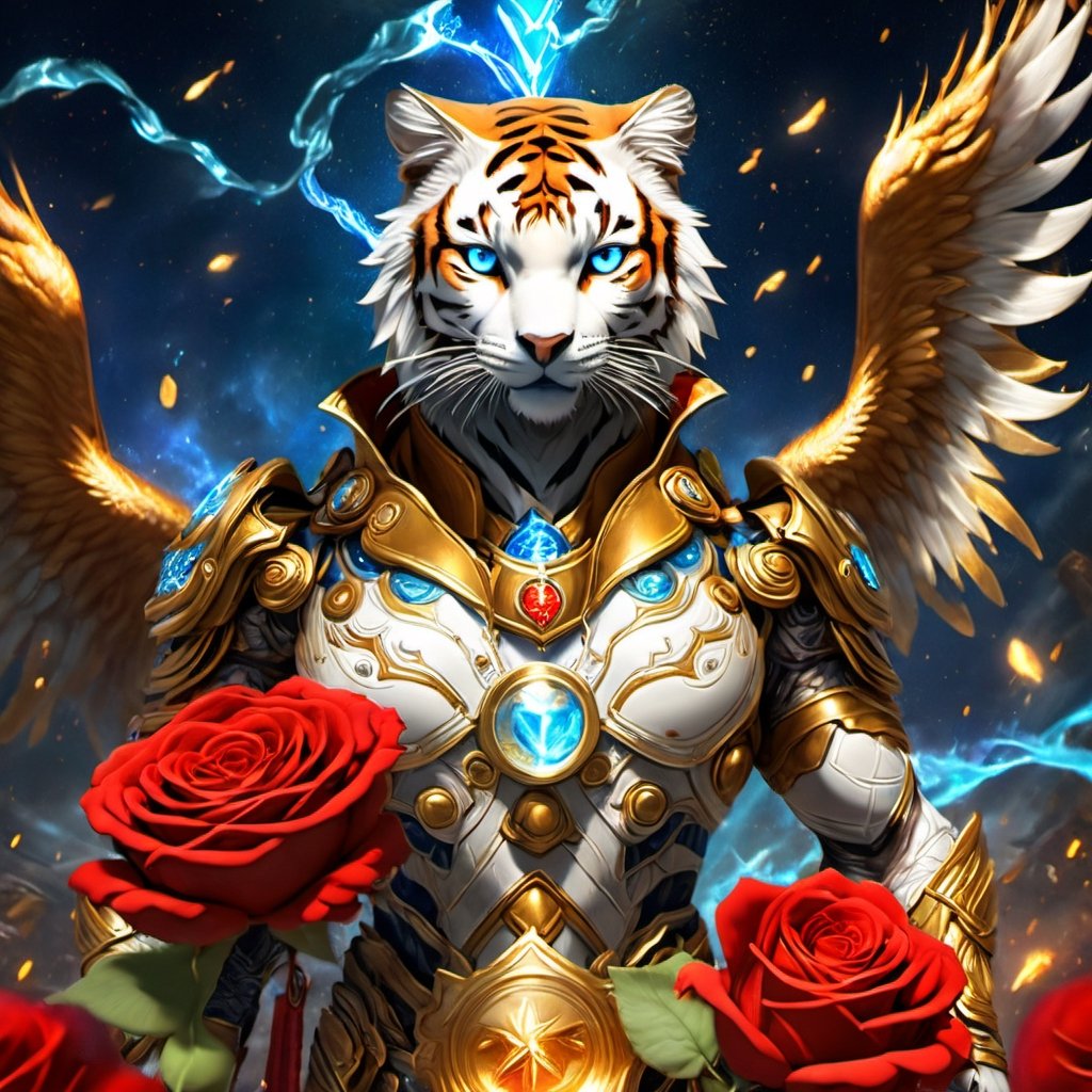 Realistic
FULL BODY IMAGE, Description of a [WHITE HUMAN TIGER WARRIOR WITH WHITE WINGS] muscular arms, very muscular and very detailed, LEFT ARM WITH HEAVY REINFORCED BRACELET with solid shield, right hand holding a transparent fire sword, dressed in golden armor full body full of red roses, helmet on head, glowing blue electricity running through his body, golden armor and completely white letter H medallion on chest, hdr, 8k, subsurface dispersion, specular light, high resolution, octane rendering , large money field background, GOLDEN WHEAT and red ROSES field background, medallion with the letter H on the chest, background Rain of gold coins and dollar bills, (GOOD LUCK) fire sword H, shield H , letter H pendant, letter H medallion on uniform, hypermuscle, H on chest, FULL BODY IMAGE, super strong legs with armor with gold details,Leonardo style ,Spirit Fox Pendant,phoenix pendant,Holy Dragon Pendant,Dolphin Pendant,GUILD WARS,Panda Pendant,ral-chrcrts,jinjianceng,Fortnite,aw0k cat