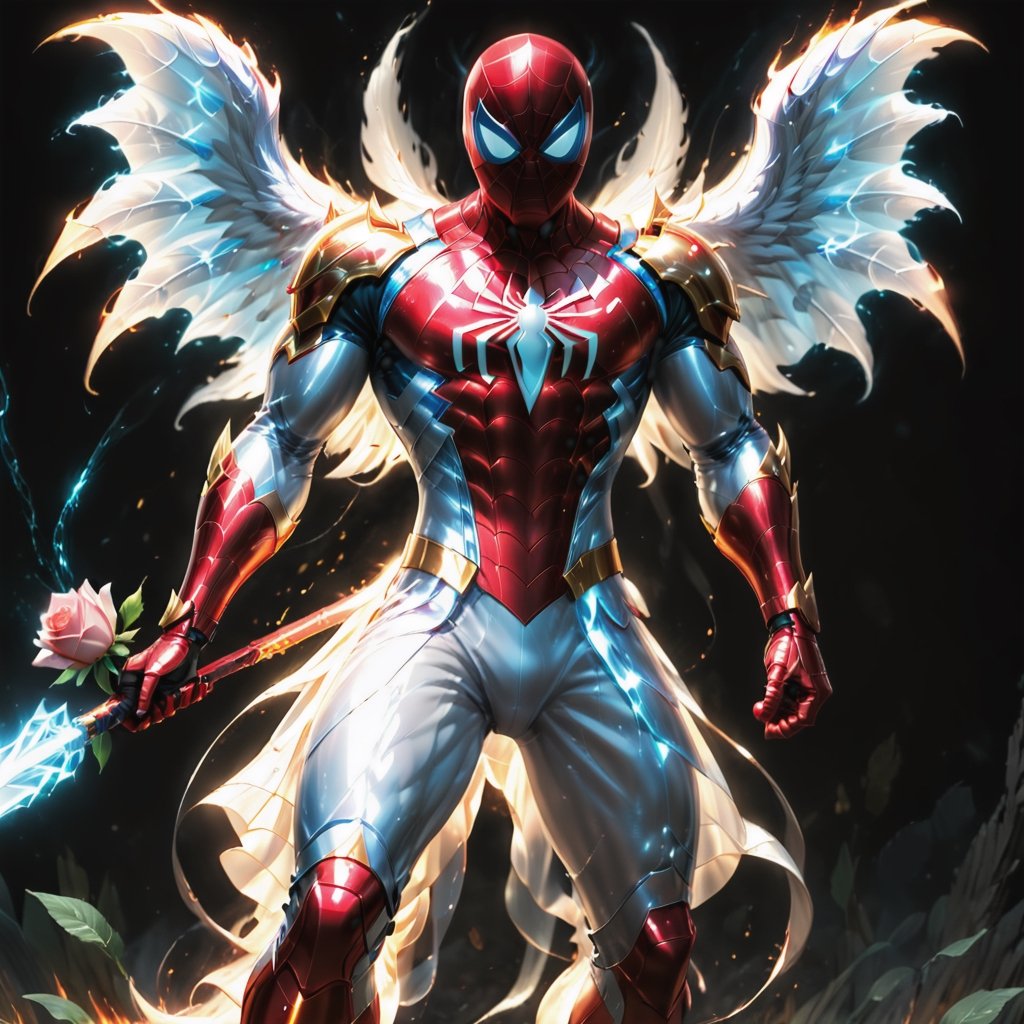 Realistic
Description of a very muscular and highly detailed [WHITE SPIDERMAN with WHITE wings], dressed in full body armor filled with red roses with ELECTRIC LIGHTS all over his body, bright electricity running through his body, full armor, letter medallion. H, H letters all over uniform, H letters all over armor, metal gloves with long sharp blades, swords on arms. , (metal sword with transparent fire blade).holding it in the right hand, full body, hdr, 8k, subsurface scattering, specular light, high resolution, octane rendering, field background, ANGEL WINGS,(ANGEL WINGS ), transparent fire sword, golden field background with red ROSES, fire whip held in his left hand, fire element, armor that protects the entire body, (SPIDERMAN) fire element, fire sword, golden armor, medallion with letter H on his chest,more detail XL,cyborg style