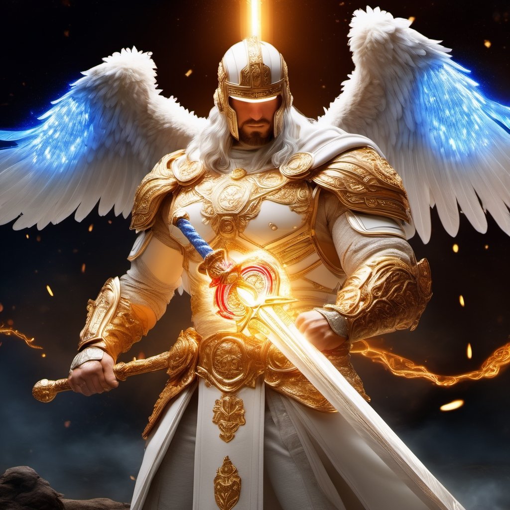 Realistic
Description of a [WHITE WARRIOR Henry with WHITE wings] muscular arms, very muscular and very detailed, dressed in golden full body armor filled with red roses, helmet on his head, bright blue electricity running through his body, golden armor and Medallion of the letter H completely white on the chest, red metal gloves with long sharp blades, transparent swords held in both hands. (metal sword with transparent fire blade), hdr, 8k, subsurface scattering, specular light, high resolution, octane rendering, big money field background, 4 WINGS OF ANGEL, (4 WINGS OF ANGEL), fire sword transparent, background of field of GOLDEN WHEAT and red ROSES, medallion with the letter H on the chest, WHITE Henry, muscular arms, background Rain of gold coins and dollar bills, (GOOD LUCK) fire sword H, shield H , pendant of the letter H, medallion of the letter H on the uniform, hypermuscle, blessing of GOD almighty and JESUS ​​and THE HOLY SPIRIT, pendant of letter H on the chest, helmet that covers his face, HENRY the mascot of JESUS, BODY COMPLETE, helmet that covers your face