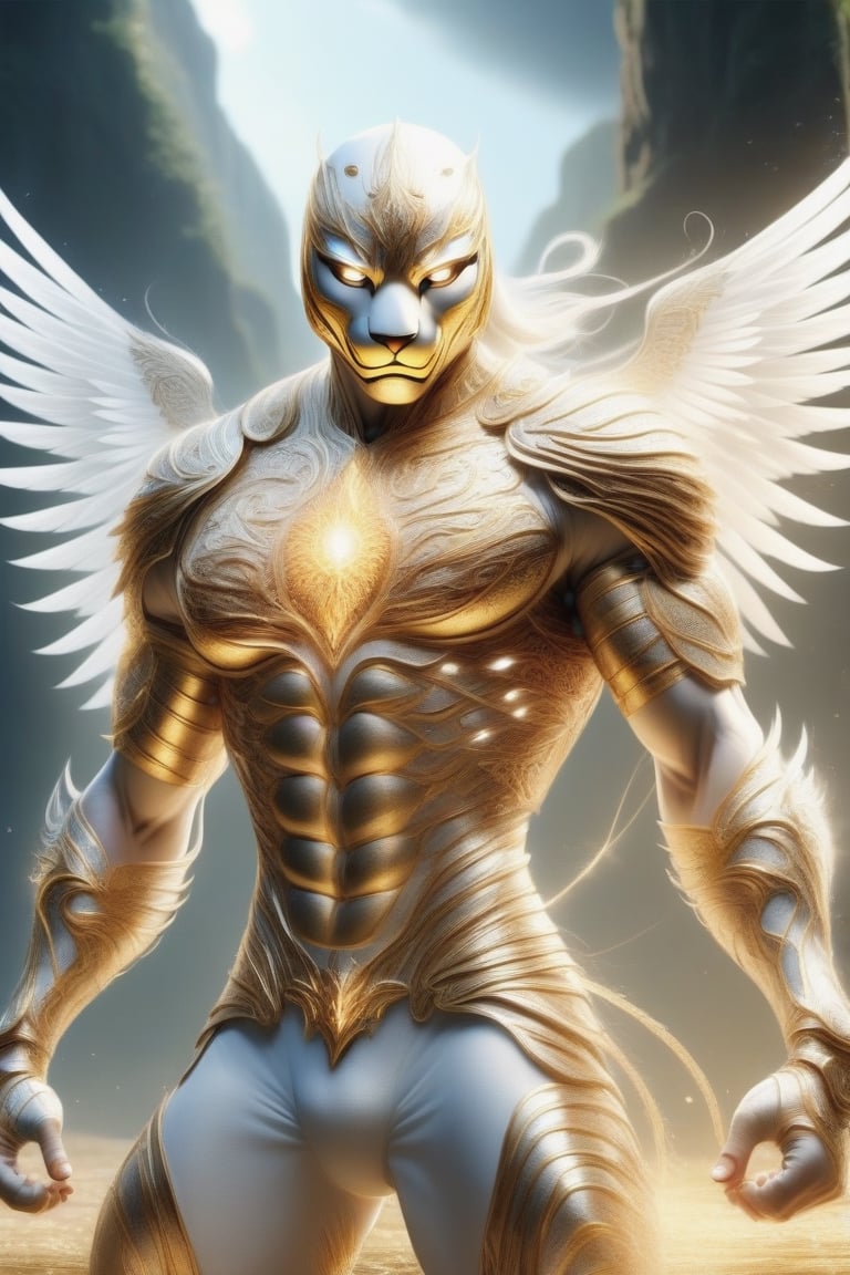 Realistic
Description of a [Male WHITE TIGER Human with WHITE wings] very muscular arms, very muscular legs, dressed in golden full body armor, bright electricity running through his body, full armor, letter medallion. H, metal gloves with long, sharp blades, swords on the arms. , (metal sword with transparent fire blade). in right hand, full body, hdr, 8k, subsurface scattering, specular light, high resolution, octane rendering, field background, ANGEL WINGS,(ANGEL WINGS), transparent fire sword, golden field background with ROSES red, fire whip in his left hand, fire element, armor that protects the entire body, (male HUMAN TIGER) fire element, fire sword, golden armor, tiger face, very muscular body, muscular body,skin white,very muscular giant,
TIGER face.GIANT MUSCLE,
TIGER face,