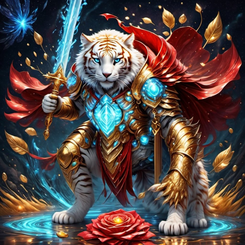 Realistic
FULL BODY IMAGE, Description of a [WHITE HUMAN TIGER WARRIOR WITH WHITE WINGS] muscular arms, very muscular and very detailed, LEFT ARM WITH HEAVY REINFORCED BRACELET with solid shield, right hand holding a transparent fire sword, dressed in golden armor full body full of red roses, helmet on head, glowing blue electricity running through his body, golden armor and completely white letter H medallion on chest, hdr, 8k, subsurface dispersion, specular light, high resolution, octane rendering , large money field background, GOLDEN WHEAT and red ROSES field background, medallion with the letter H on the chest, background Rain of gold coins and dollar bills, (GOOD LUCK) fire sword H, shield H , letter H pendant, letter H medallion on uniform, hypermuscle, H on chest, FULL BODY IMAGE, super strong legs with armor with gold details,Leonardo style ,Spirit Fox Pendant,phoenix pendant,Holy Dragon Pendant,Dolphin Pendant,GUILD WARS,Panda Pendant,ral-chrcrts,jinjianceng,Fortnite,aw0k cat