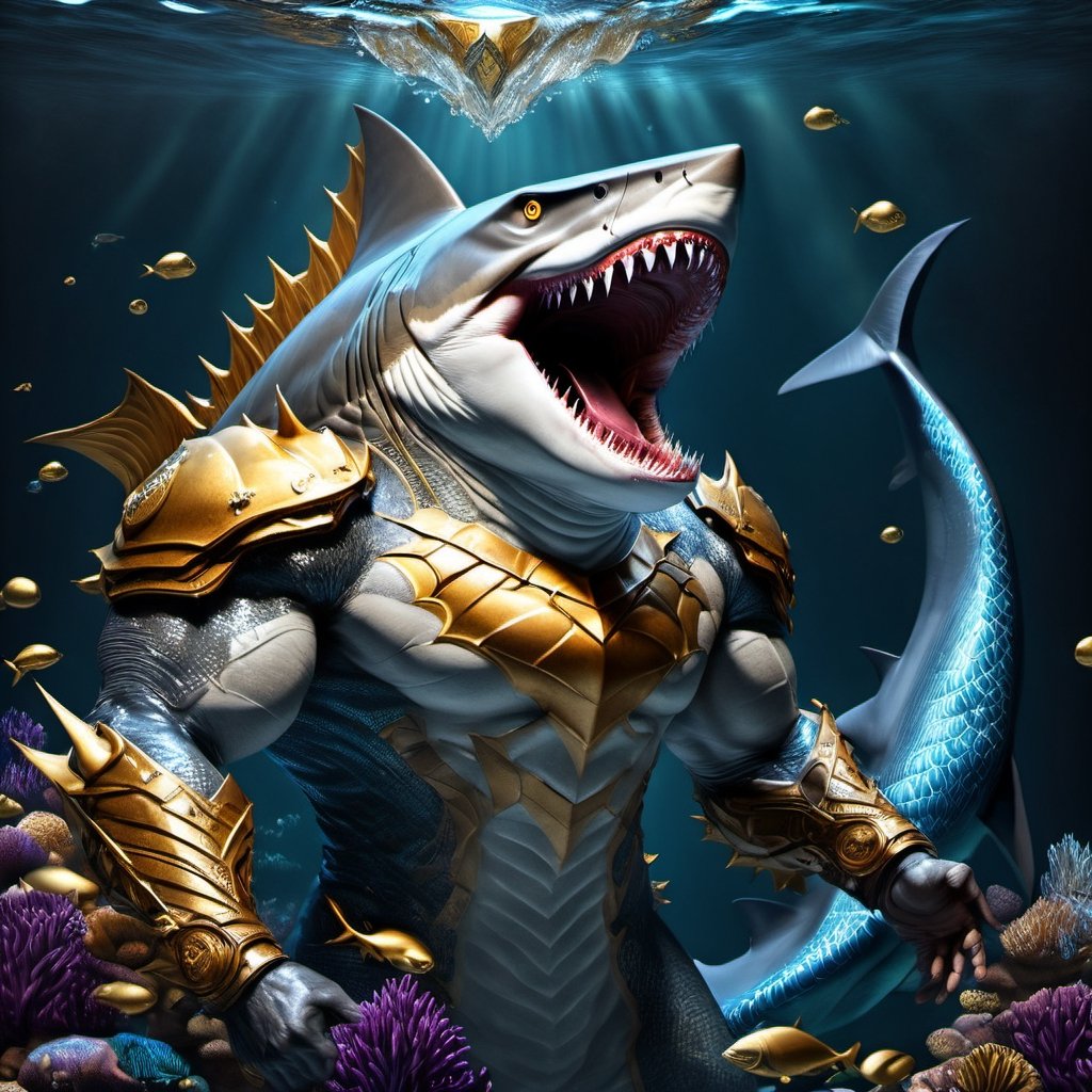 Realistic
FULL BODY IMAGE, Description of a [WINGED HUMAN SHARK WARRIOR with SHARK head] muscular arms, very muscular and very detailed, LEFT ARM WITH REINFORCED HEAVY BRACELET with solid shield, right hand holding gold trident, dressed in illuminated black armor , full body of scales, a medallion of the letter A ,hdr, 8k, subsurface scattering, specular lighting, high resolution, octane rendering, bottom of a large SEA, OCEAN of money, OCEAN WATER background, hypermuscle, ,BODY IMAGE COMPLETE, shark head, shark face, SHARK FACE