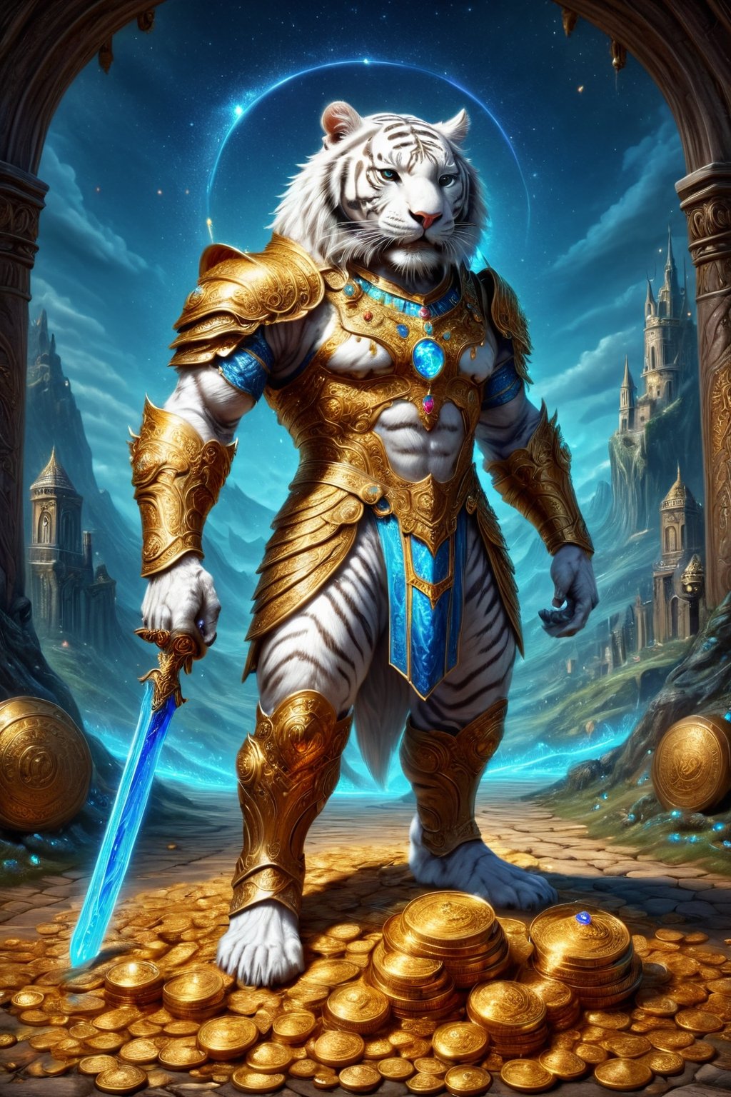 a full body image of a tall muscular white human tiger warrior with armor and sword standing on gold coins and jewels, in front of him a golden road full of treasure chests and jewels and behind a fantasy and beautiful castle, background of a beautiful castle with flags with the letter H, the white human tiger holds a blue fire sword in his right hand and has light blue armor and a red medallion on his chest, in his left hand a bag full of gold ,, treasure chests full of gold and jewels.,BucketGoldUnderTheRainbow