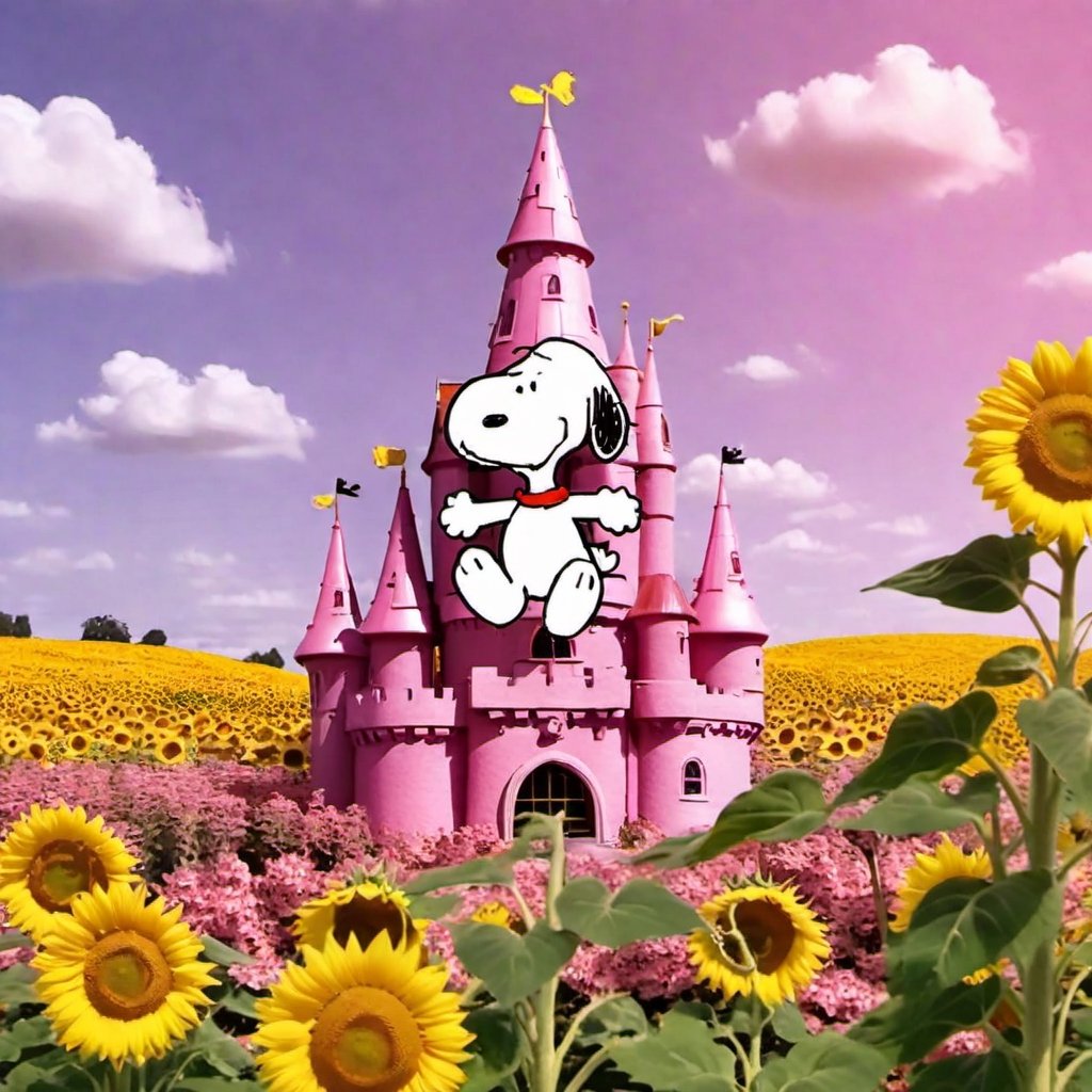 
SNOOPY PLAYING IN A PINK CASTLE FULL OF SUNFLOWERS,cute cartoon 