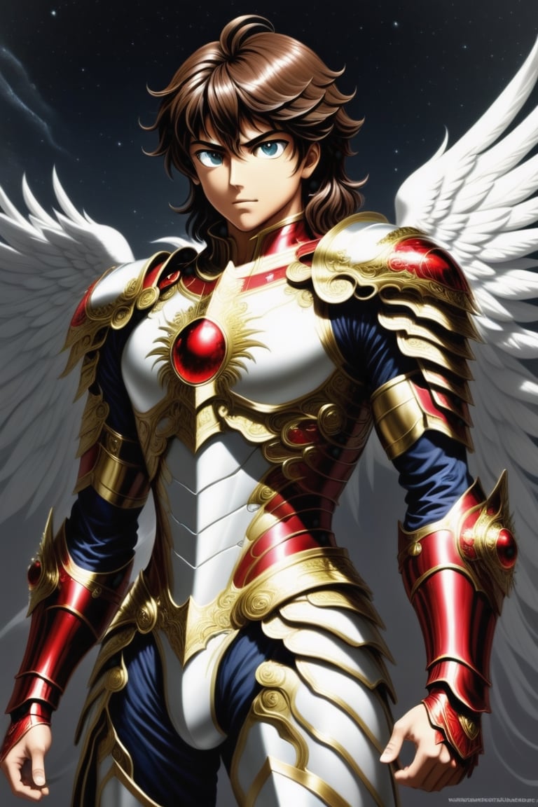 SAINT SEIYA, Pegasus knight SEIYA, short dark brown hair almost black, strong young man, anime saint seiya, armor red and white
