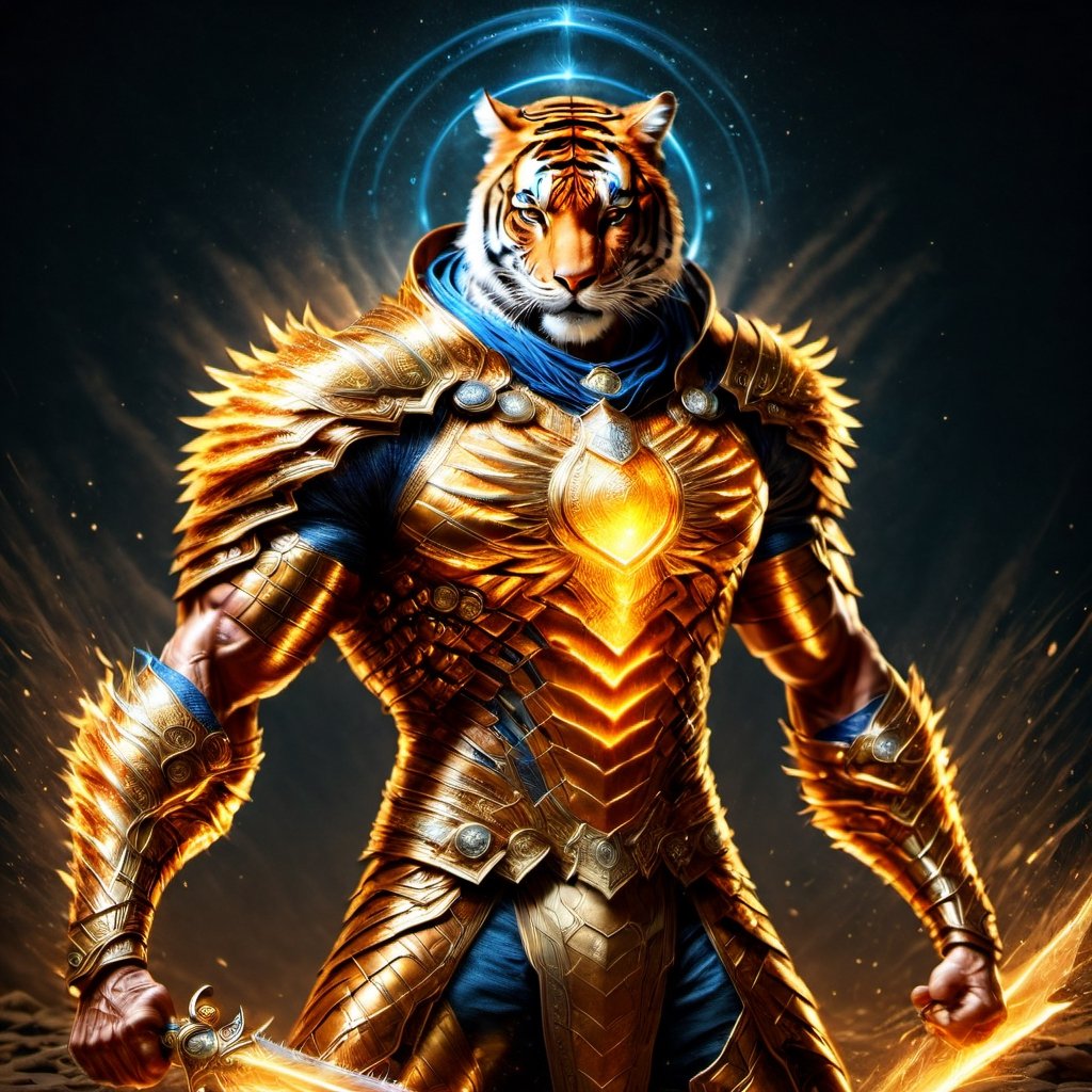 Realistic
FULL BODY IMAGE, Description of a [super MUSCLE HUMAN TIGER WARRIOR with TIGER head] muscular arms, very muscular and very detailed, LEFT ARM WITH REINFORCED HEAVY BRACELET with solid shield, right hand holding a FIRE SWORD, dressed in armor illuminated gold medallion, a letter H medallion, hdr, 8k, subsurface scattering, specular lighting, high resolution, octane rendering, ILLUMINATED GOLDEN WHEAT BACKGROUND IN OPEN FIELD, FULL BODY IMAGE, tiger head, super muscular legs