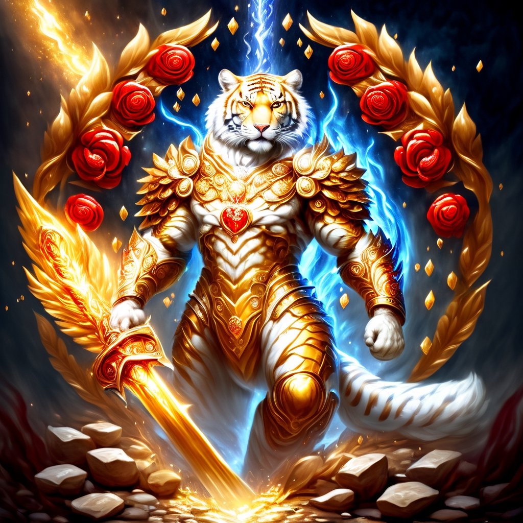 Realistic
FULL BODY IMAGE, Description of a [WHITE HUMAN TIGER WARRIOR WITH WHITE WINGS] muscular arms, very muscular and very detailed, LEFT ARM WITH HEAVY REINFORCED BRACELET with solid shield, right hand holding a transparent fire sword, dressed in golden armor full body full of red roses, helmet on head, glowing blue electricity running through his body, golden armor and completely white letter H medallion on chest, hdr, 8k, subsurface dispersion, specular light, high resolution, octane rendering , large money field background, GOLDEN WHEAT and red ROSES field background, medallion with the letter H on the chest, background Rain of gold coins and dollar bills, (GOOD LUCK) fire sword H, shield H , letter H pendant, letter H medallion on uniform, hypermuscle, H on chest, FULL BODY IMAGE, super strong legs with armor with gold details,Leonardo style ,Spirit Fox Pendant,phoenix pendant,Holy Dragon Pendant,Dolphin Pendant,GUILD WARS