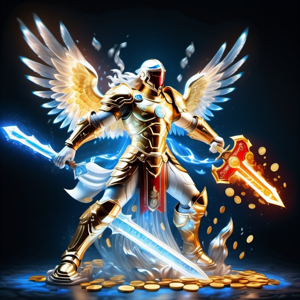 Realistic
Description of a [WHITE WARRIOR Henry with WHITE wings] muscular arms, very muscular and very detailed, dressed in a golden full body armor filled with red roses, helmet on his head, bright blue electricity running through his body, golden armor and Medallion of the letter H completely white on the chest, red metal gloves with long sharp blades, transparent swords held in both hands. (metal sword with transparent fire blade), hdr, 8k, subsurface scattering, specular light, high resolution, octane rendering, big money field background, 4 WINGS OF ANGEL, (4 WINGS OF ANGEL), fire sword transparent, background of field of GOLDEN WHEAT and red ROSES, medallion with the letter H on the chest, WHITE Henry, muscular arms, background Rain of gold coins and dollar bills, (GOOD LUCK) fire sword H, shield H , pendant of the letter H, medallion of the letter H on the uniform, hypermuscle, blessing of GOD almighty and JESUS ​​and THE HOLY SPIRIT, pendant of letter H on the chest, helmet that covers his face, HENRY the mascot of JESUS, helmet that covers your face,fire element