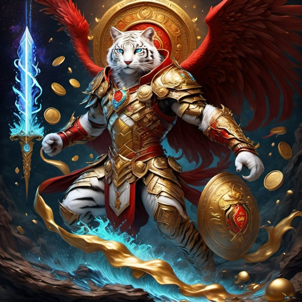 Realistic
FULL BODY IMAGE, Description of a [WHITE HUMAN TIGER WARRIOR WITH WHITE WINGS] muscular arms, very muscular and very detailed, LEFT ARM WITH HEAVY REINFORCED BRACELET with solid shield, right hand holding a transparent fire sword, dressed in golden armor full body full of red roses, helmet on head, glowing blue electricity running through his body, golden armor and completely white letter H medallion on chest, hdr, 8k, subsurface dispersion, specular light, high resolution, octane rendering , large money field background, GOLDEN WHEAT and red ROSES field background, medallion with the letter H on the chest, background Rain of gold coins and dollar bills, (GOOD LUCK) fire sword H, shield H , letter H pendant, letter H medallion on uniform, hypermuscle, H on chest, FULL BODY IMAGE, super strong legs with armor with gold details,Leonardo style ,Spirit Fox Pendant,phoenix pendant,Holy Dragon Pendant,Dolphin Pendant,GUILD WARS,Panda Pendant,ral-chrcrts,jinjianceng,Fortnite,aw0k cat