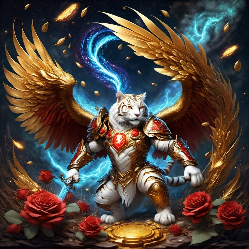 Realistic
FULL BODY IMAGE, Description of a [WHITE HUMAN TIGER WARRIOR WITH WHITE WINGS] muscular arms, very muscular and very detailed, LEFT ARM WITH HEAVY REINFORCED BRACELET with solid shield, right hand holding a transparent fire sword, dressed in golden armor full body full of red roses, helmet on head, glowing blue electricity running through his body, golden armor and completely white letter H medallion on chest, hdr, 8k, subsurface dispersion, specular light, high resolution, octane rendering , large money field background, GOLDEN WHEAT and red ROSES field background, medallion with the letter H on the chest, background Rain of gold coins and dollar bills, (GOOD LUCK) fire sword H, shield H , letter H pendant, letter H medallion on uniform, hypermuscle, H on chest, FULL BODY IMAGE, super strong legs with armor with gold details,Leonardo style ,Spirit Fox Pendant,phoenix pendant,Holy Dragon Pendant,Dolphin Pendant,GUILD WARS,Panda Pendant,ral-chrcrts,jinjianceng,Fortnite,aw0k cat