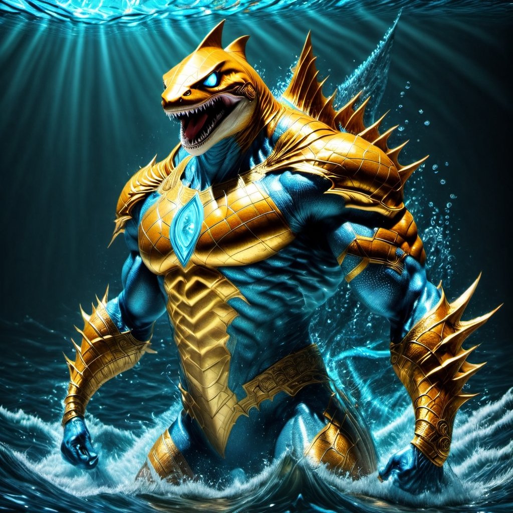 Realistic
FULL BODY IMAGE, Description of a [super MUSCLE HUMAN SHARK WARRIOR with SHARK head] muscular arms, very muscular and very detailed, LEFT ARM WITH HEAVY BRACELET REINFORCED with solid shield, right hand holding a golden trident, dressed in armor of illuminated gold, full body of black scales, a medallion of the letter A, hdr, 8k, subsurface scattering, specular lighting, high resolution, octane rendering, bottom of a large SEA, OCEAN of money, bottom of OCEAN WATER, hypermuscle , FULL BODY IMAGE, shark head, shark face, SHARK FACE, super muscular legs,rmspdvrs